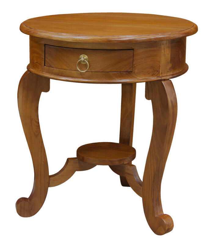 Round Cabriole Leg 1 Drawer Wooden Lamp Table - Light Pecan