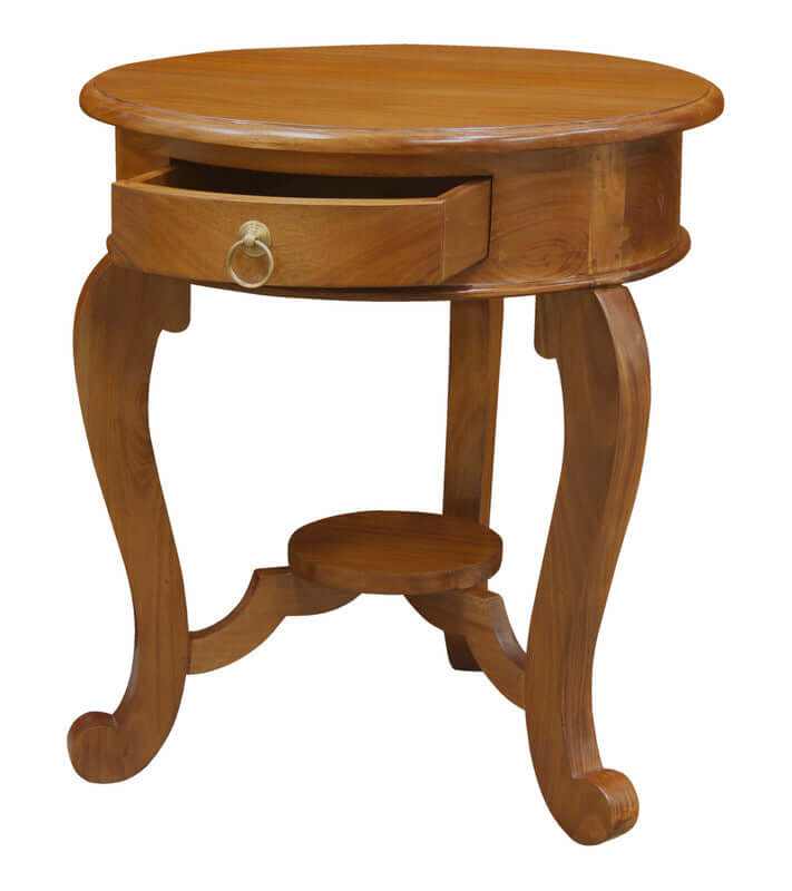 Round Cabriole Leg 1 Drawer Wooden Lamp Table - Light Pecan