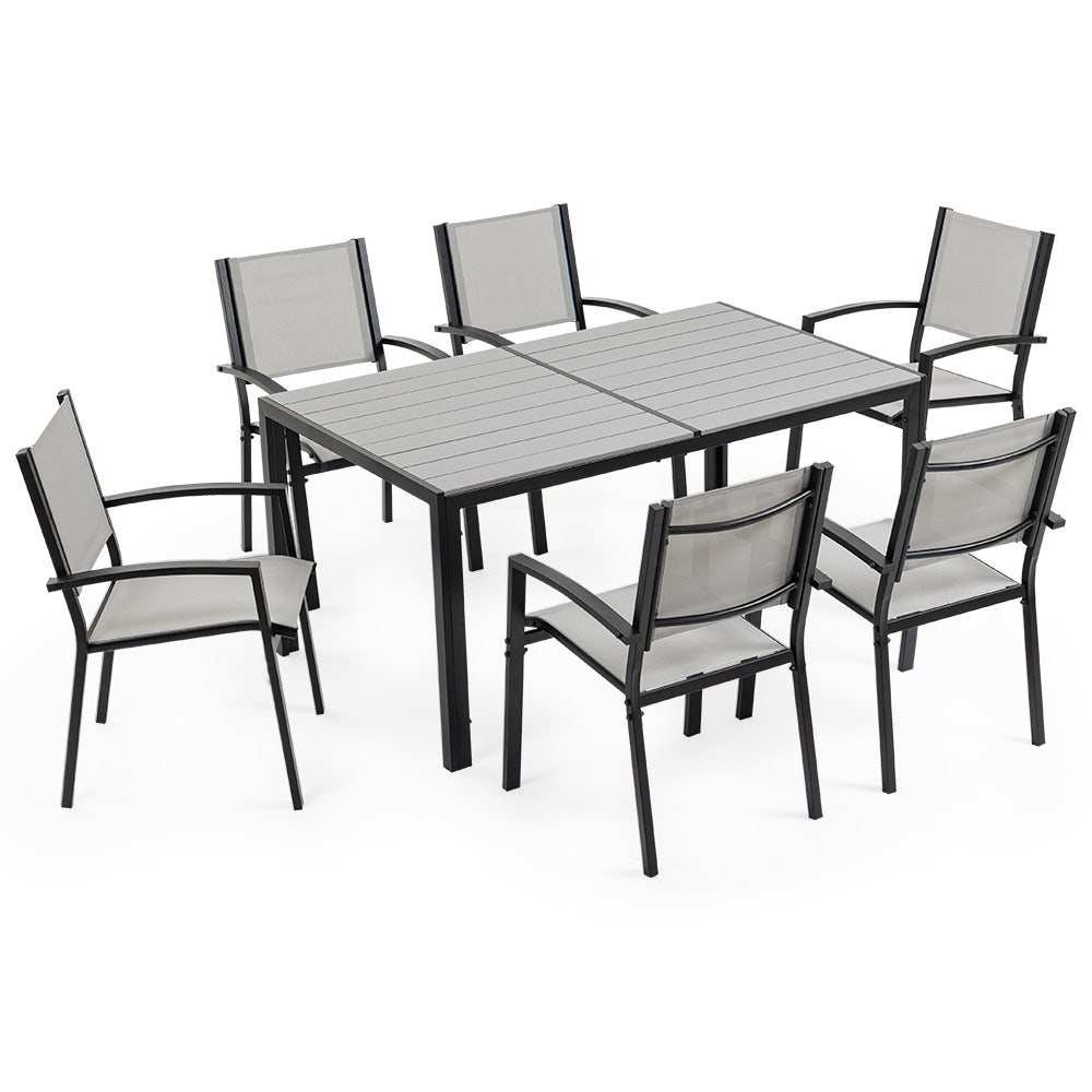 FORTIA 7pc Outdoor Dining Furniture Set with rectangular table and six chairs, featuring breathable mesh fabric and polywood tabletop.