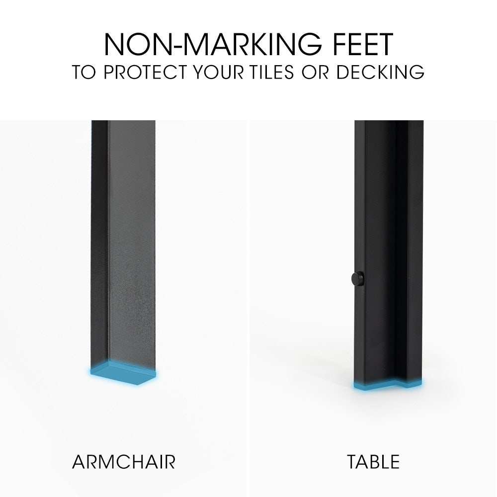 Non-marking feet of Fortia 7pc outdoor dining set for protecting surfaces.