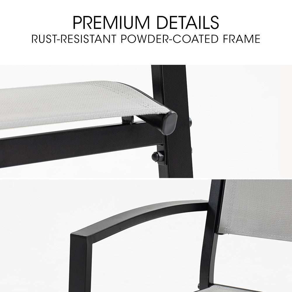 Fortia 6-Piece Outdoor Dining Chair Set with rust-resistant powder-coated frame and breathable mesh fabric.