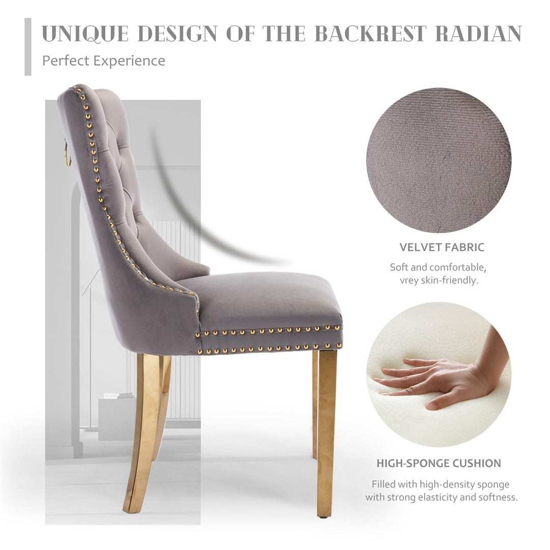 Velvet dining chair with grey upholstery, golden metal legs, and button-tufted backrest.