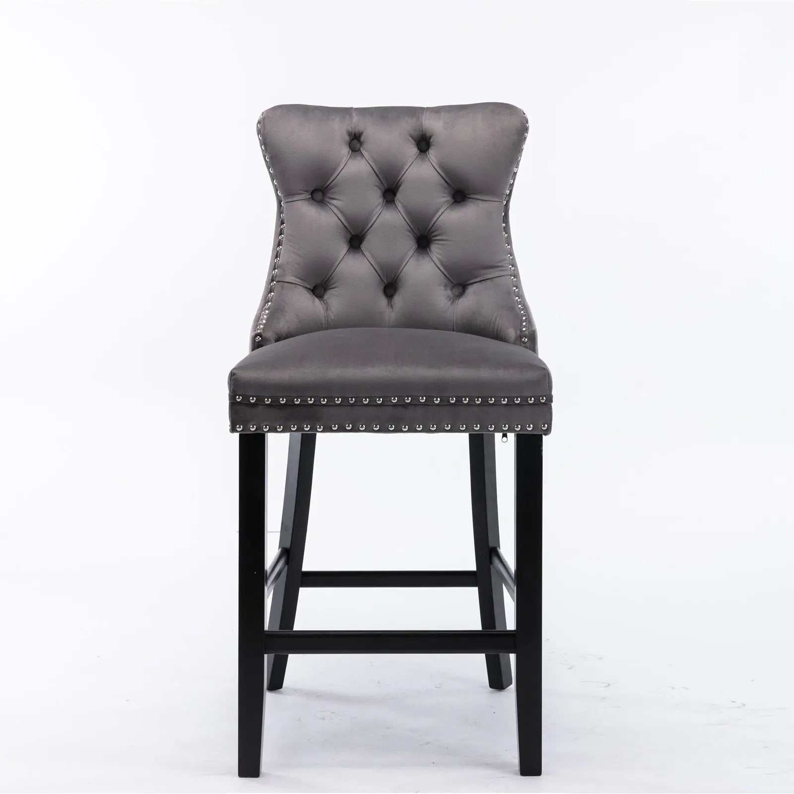 6X Velvet Bar Stools with Studs Trim Wooden Legs Tufted Dining Chairs Kitchen