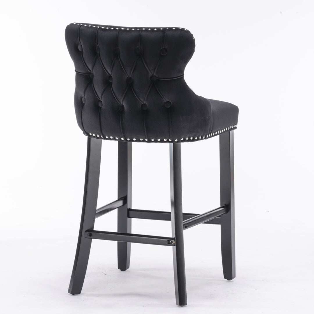 4x Velvet Upholstered Button Tufted Bar Stools with Wood Legs and Studs-Black