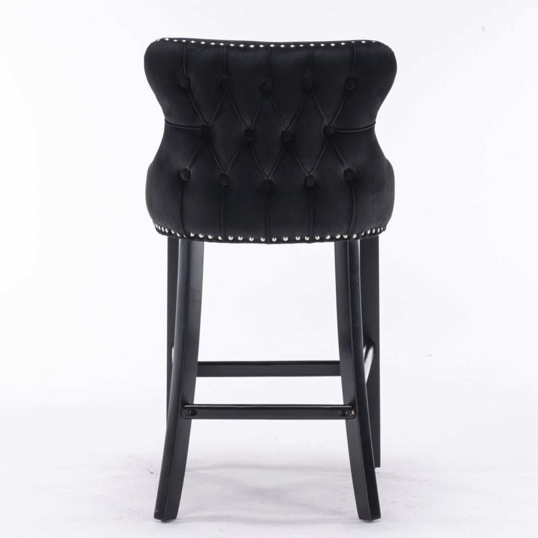 4x Velvet Upholstered Button Tufted Bar Stools with Wood Legs and Studs-Black
