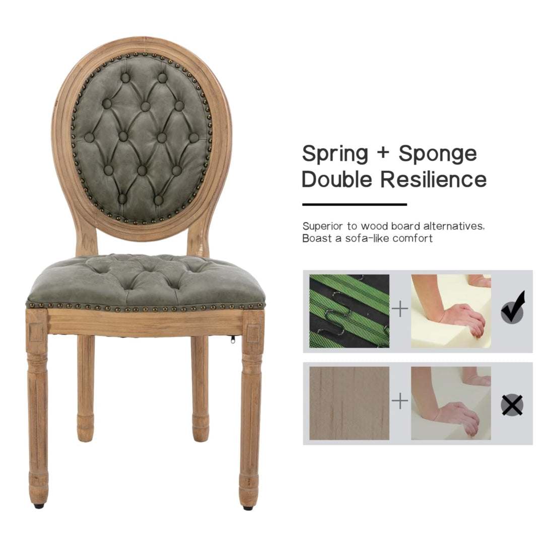 Velvet faux leather dining chair with solid wood legs and tufted design in pine green.