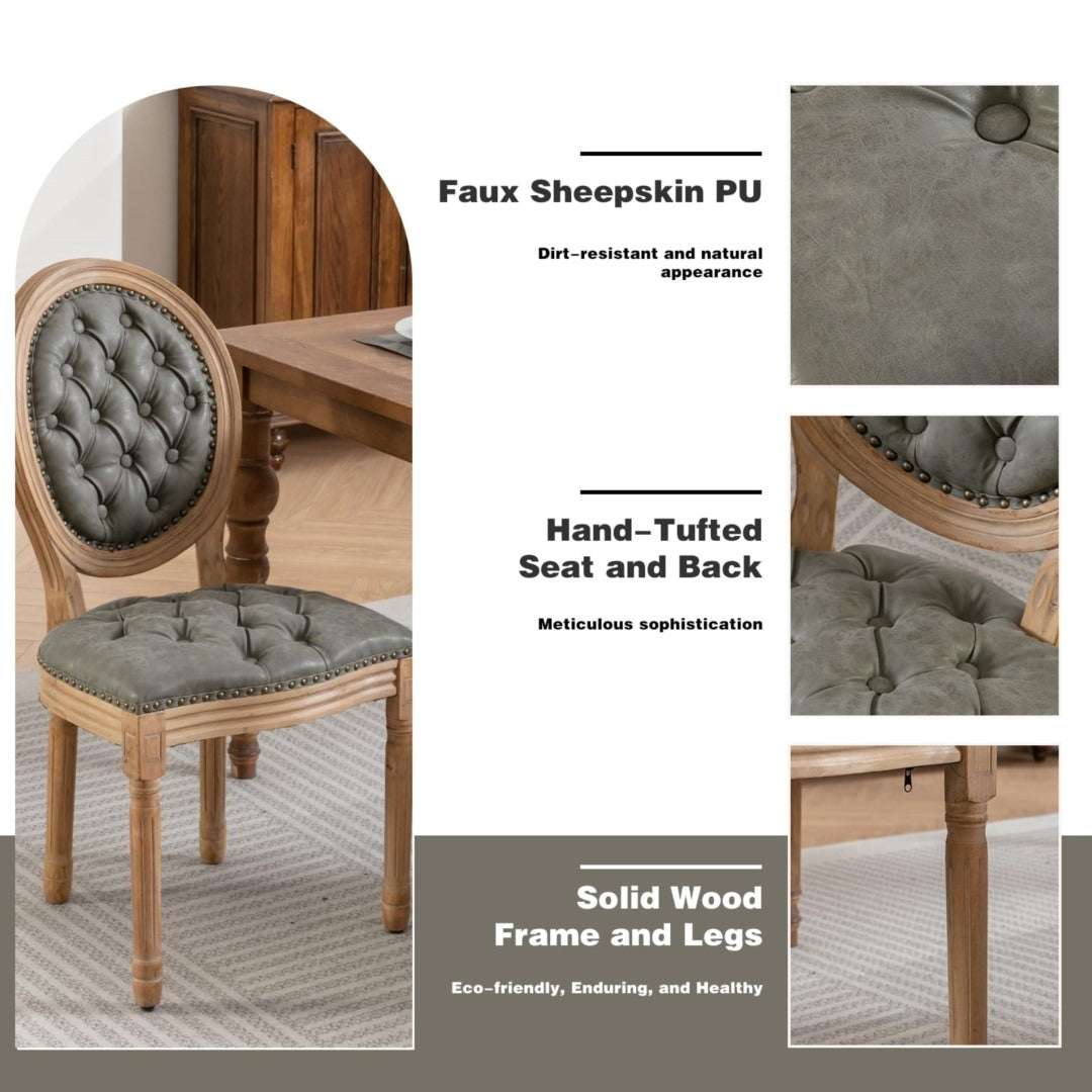 Velvet faux leather dining chairs with solid wood legs and hand-tufted decor in pine green.