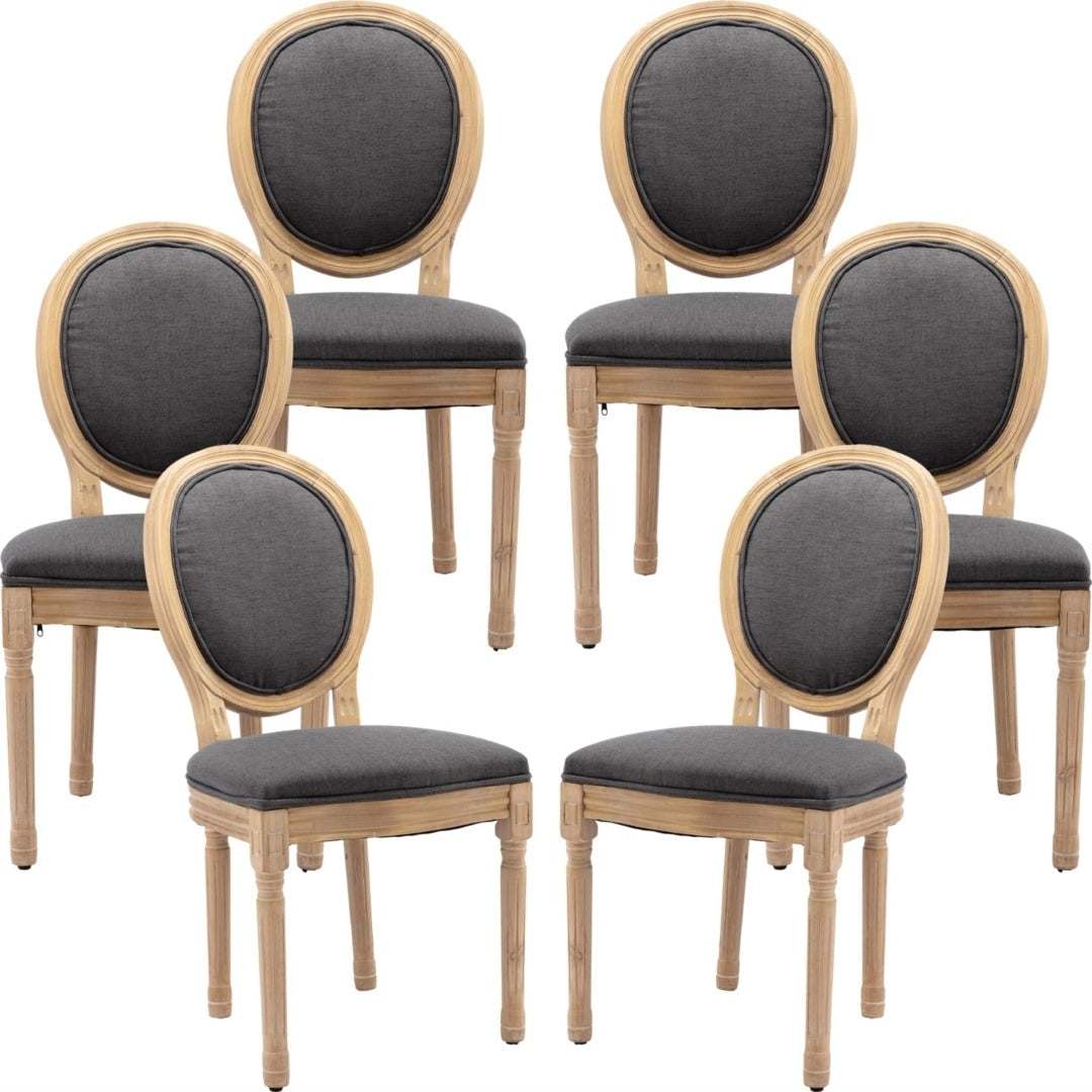 AADEN 6x grey linen dining chairs with round backrests and solid wood legs.
