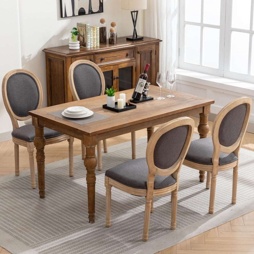 AADEN 6x Linen Dining Chairs with Grey Upholstery and Solid Wood Legs in a Dining Room Setting
