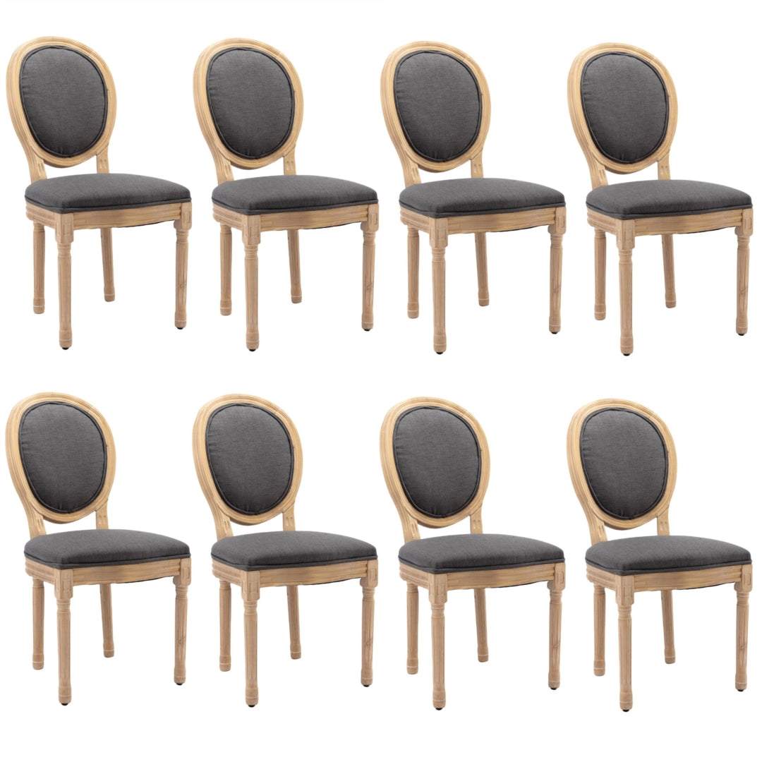 AADEN 8x Linen Dining Chairs with elegant carved legs and grey upholstery.