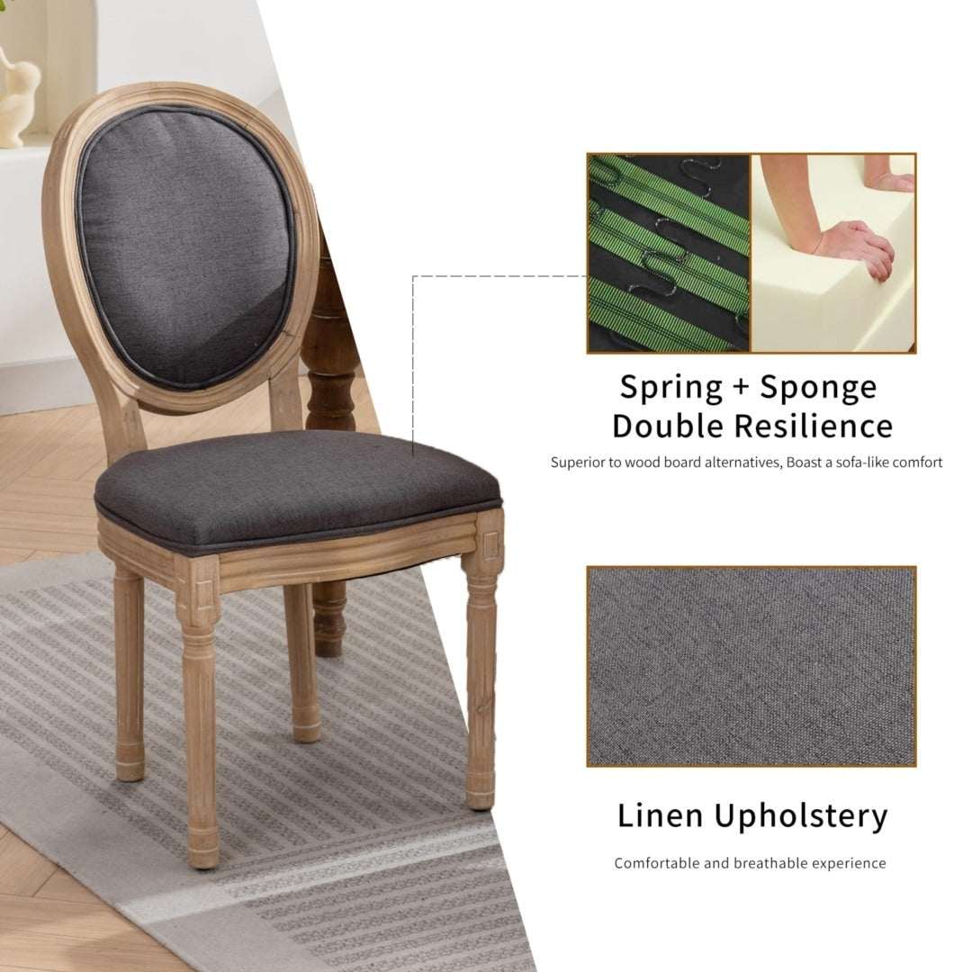 Grey AADEN 8x Linen Dining Chairs with carved wood legs and round backrest.