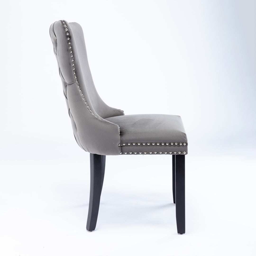 6x Velvet Upholstered Dining Chairs Tufted Wingback Side Chair with Studs Trim Solid Wood Legs for Kitchen