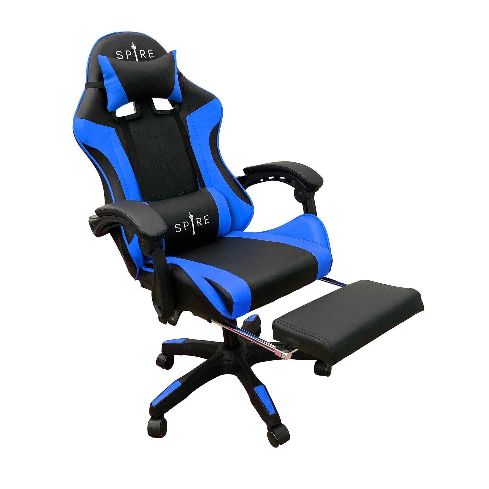 Intex Spire Zinc blue and black gaming chair with ergonomic design, adjustable armrests, and footrest.