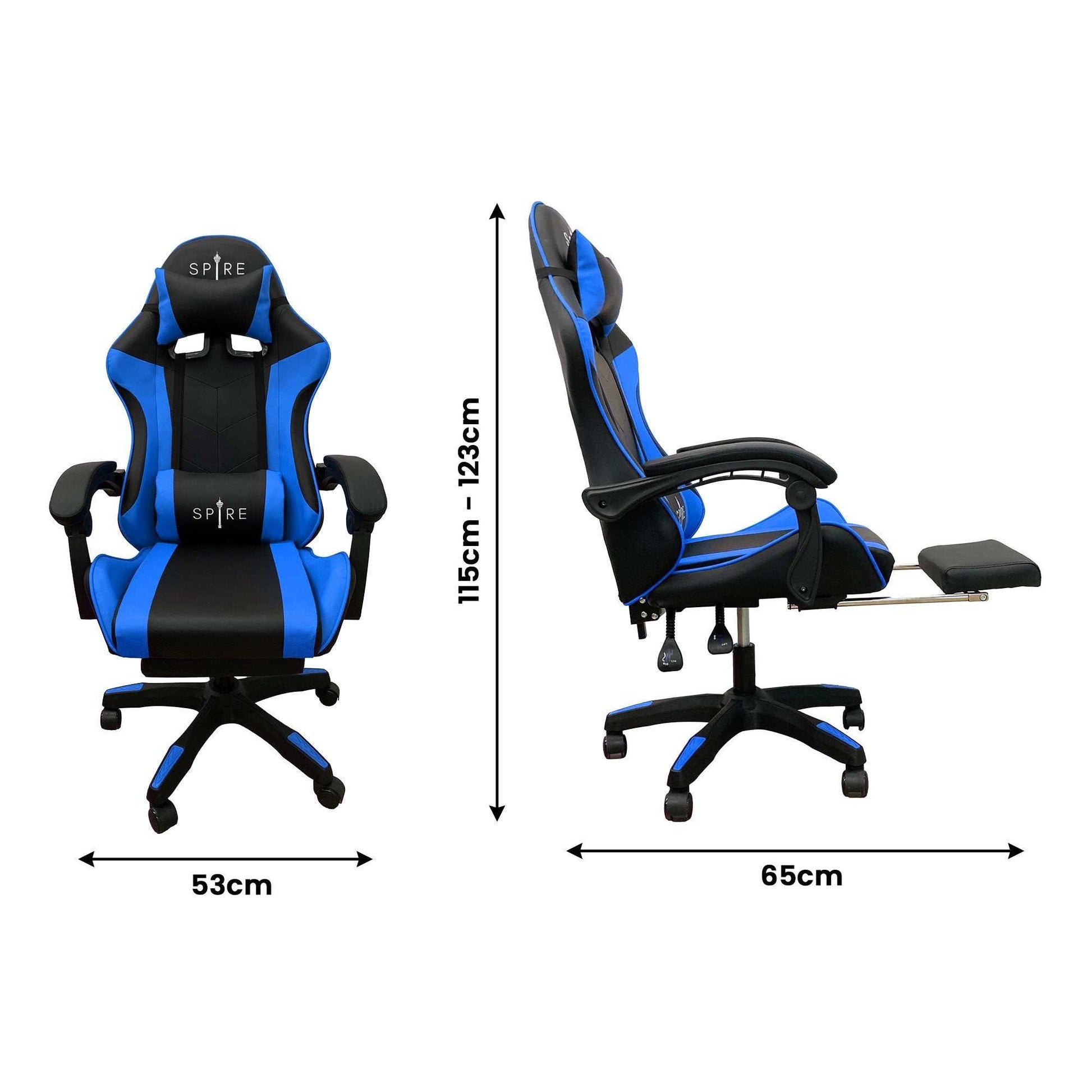 Intex Spire Zinc blue and black adjustable gaming/office chair with ergonomic design and retractable footrest.