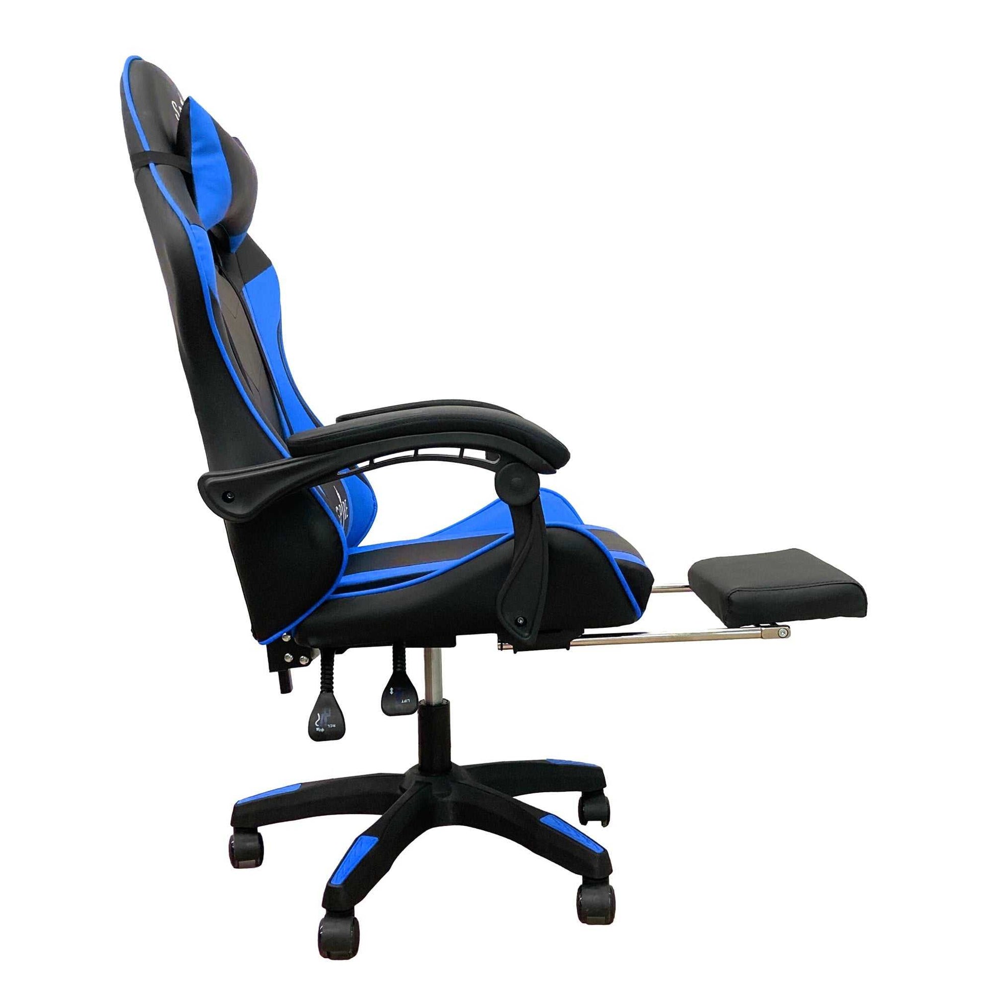 Intex Spire Zinc blue and black adjustable gaming office chair with ergonomic design, armrests, and footrest.