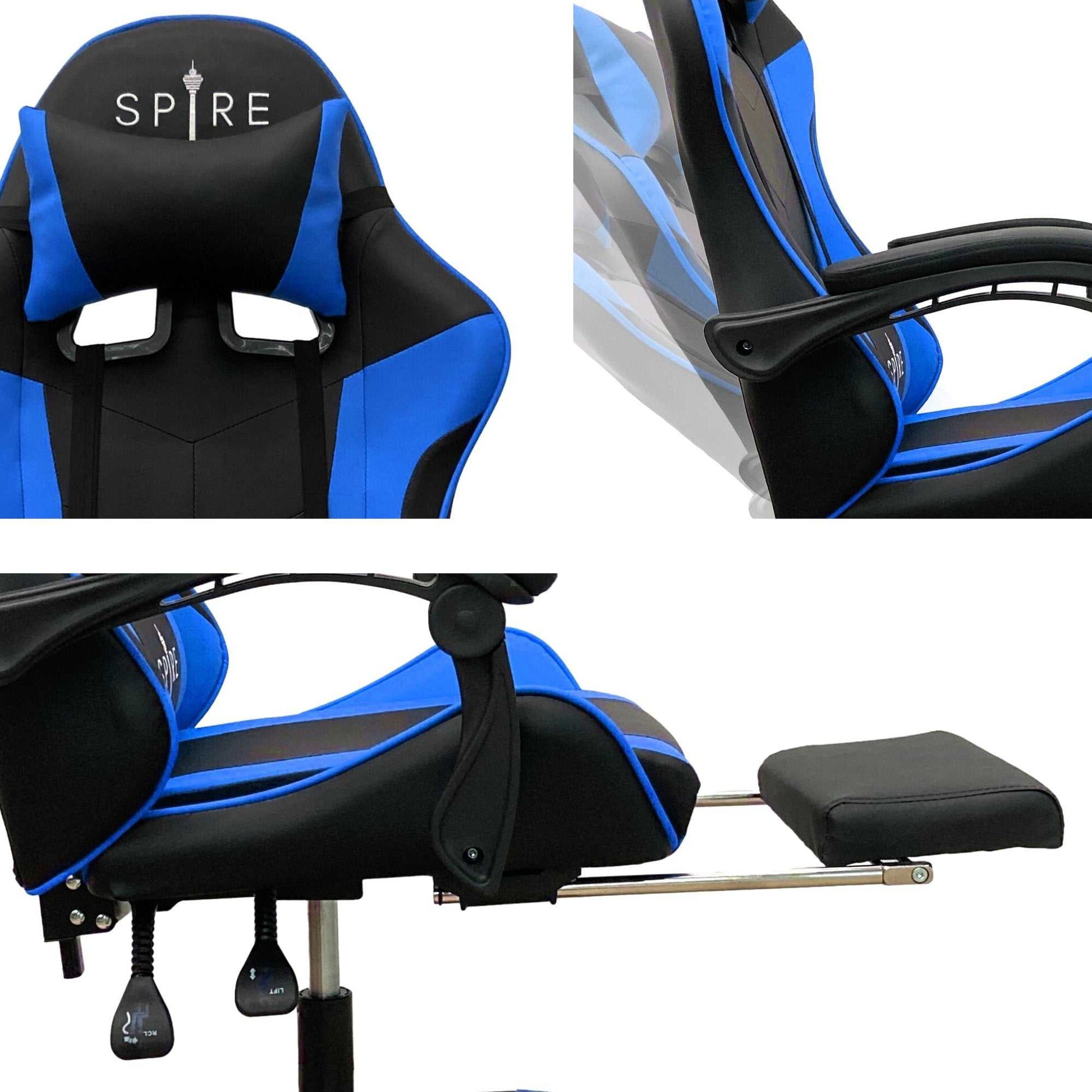 Intex Spire Zinc blue and black adjustable gaming/office chair with ergonomic design, sliding armrests, retractable footrest, and lumbar support.