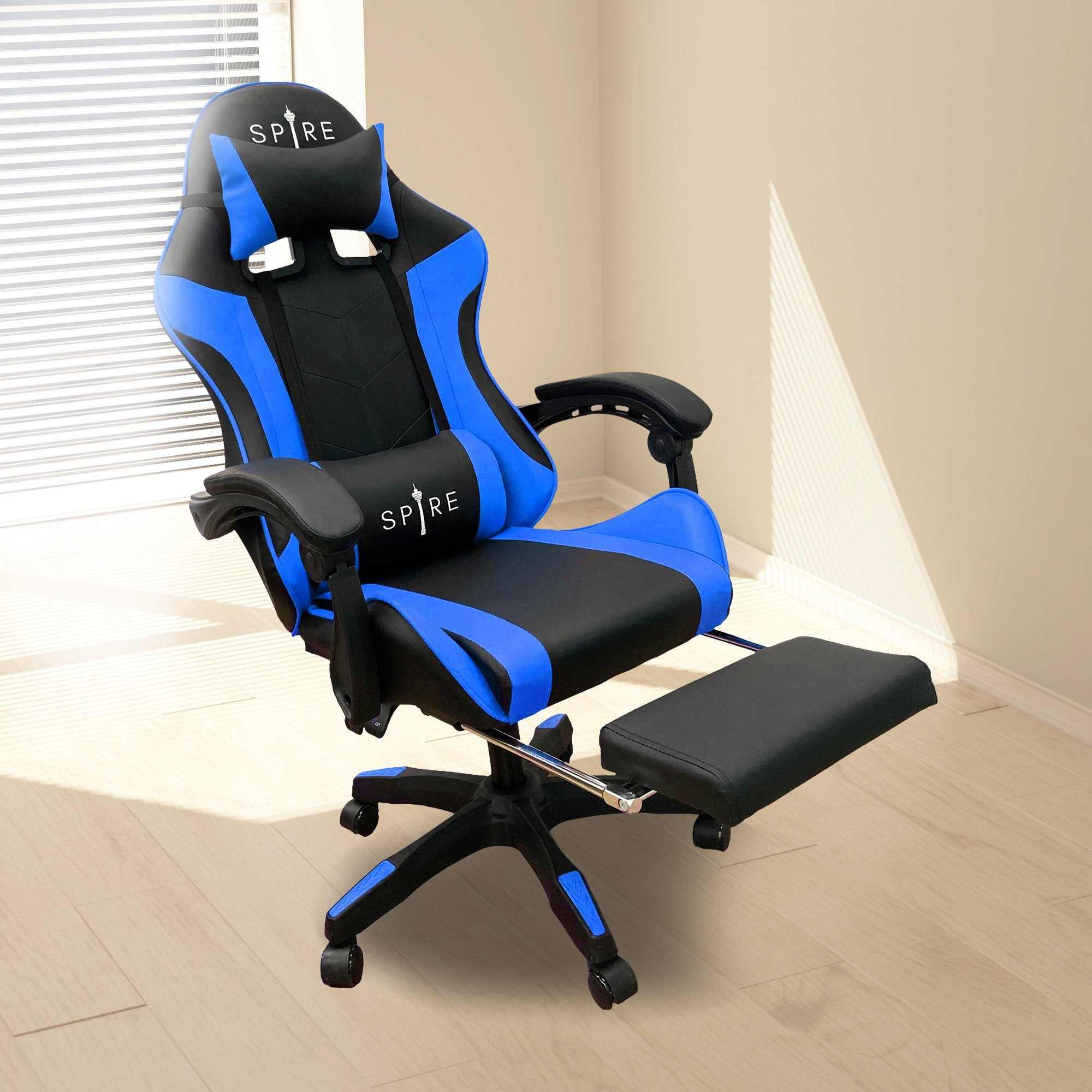 Intex Spire Zinc Blue and Black adjustable gaming office chair with ergonomic S-curve design and retractable footrest.