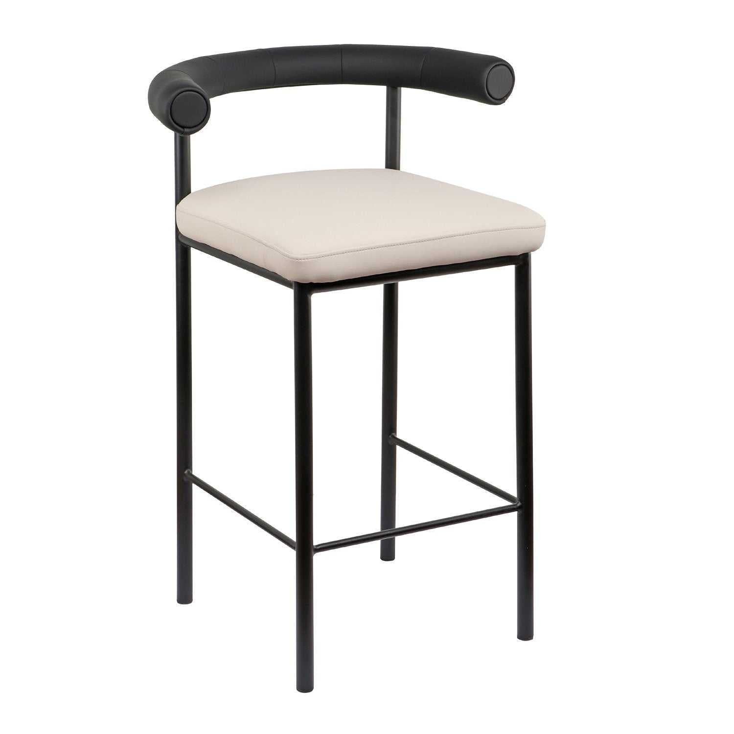 Sarantino Cedric Bar Stool with PU leather, black iron frame, and beige high-density foam seat.