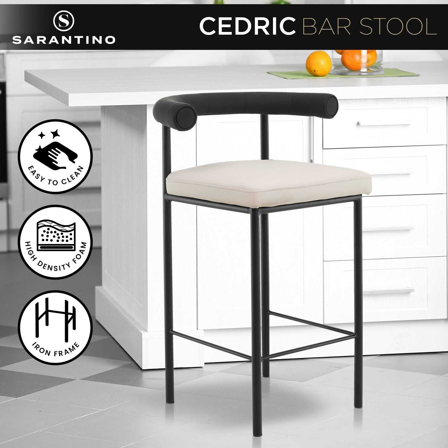Sarantino Cedric Bar Stool with black iron frame and beige PU leather upholstery.