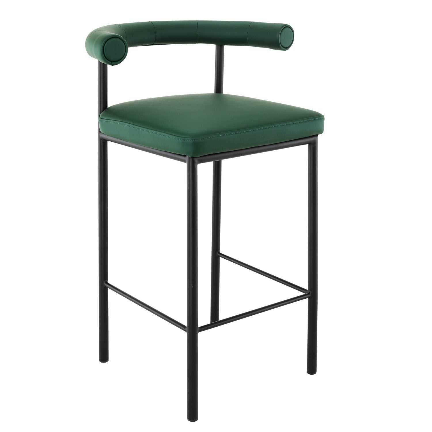 Green Sarantino Cedric Bar Stool with PU leather upholstery and iron frame.