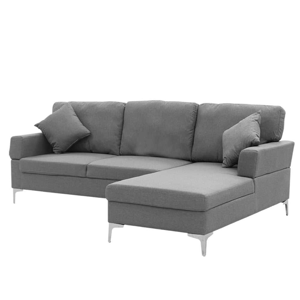 Sarantino 3 seater dark grey linen sofa lounge with left side chaise and chrome legs.