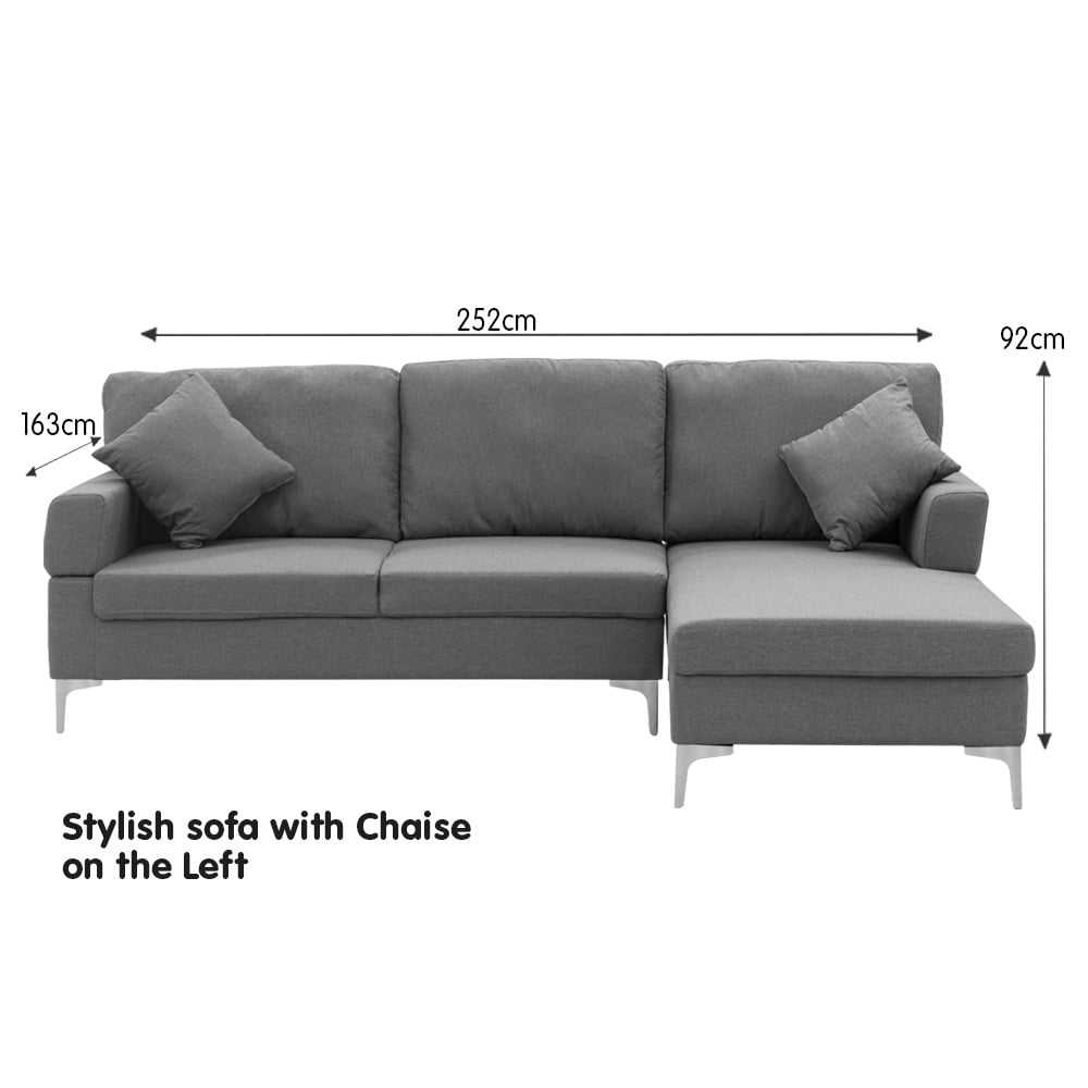 Sarantino 3 Seater Linen Sofa with Left Side Chaise in Dark Grey, L-shaped Design.