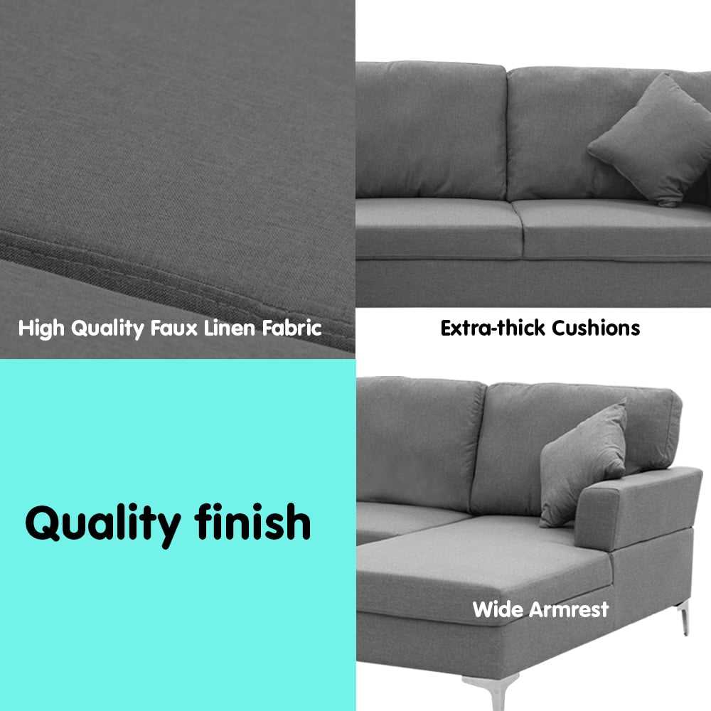 Dark grey Sarantino 3 seater linen sofa with left side chaise, chrome legs, and high-density foam cushions.