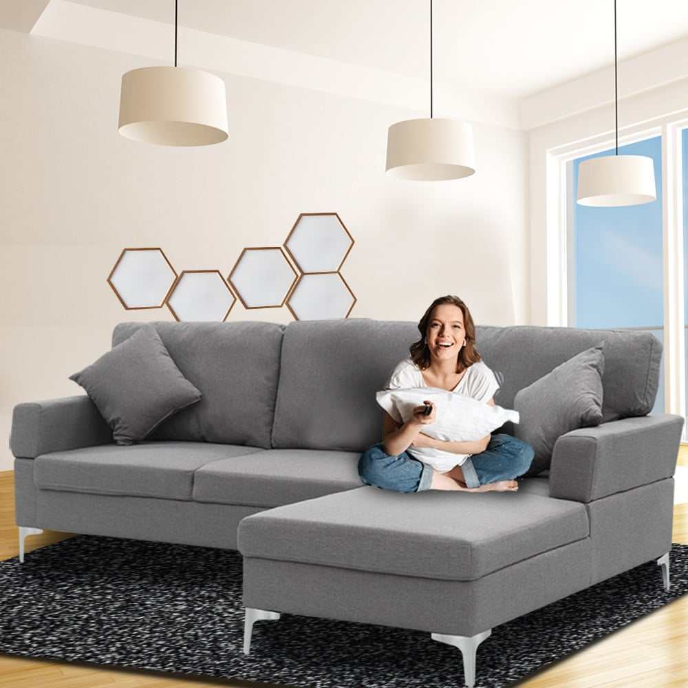 Sarantino 3 Seater Linen Sofa Lounge with Left Chaise in Dark Grey.