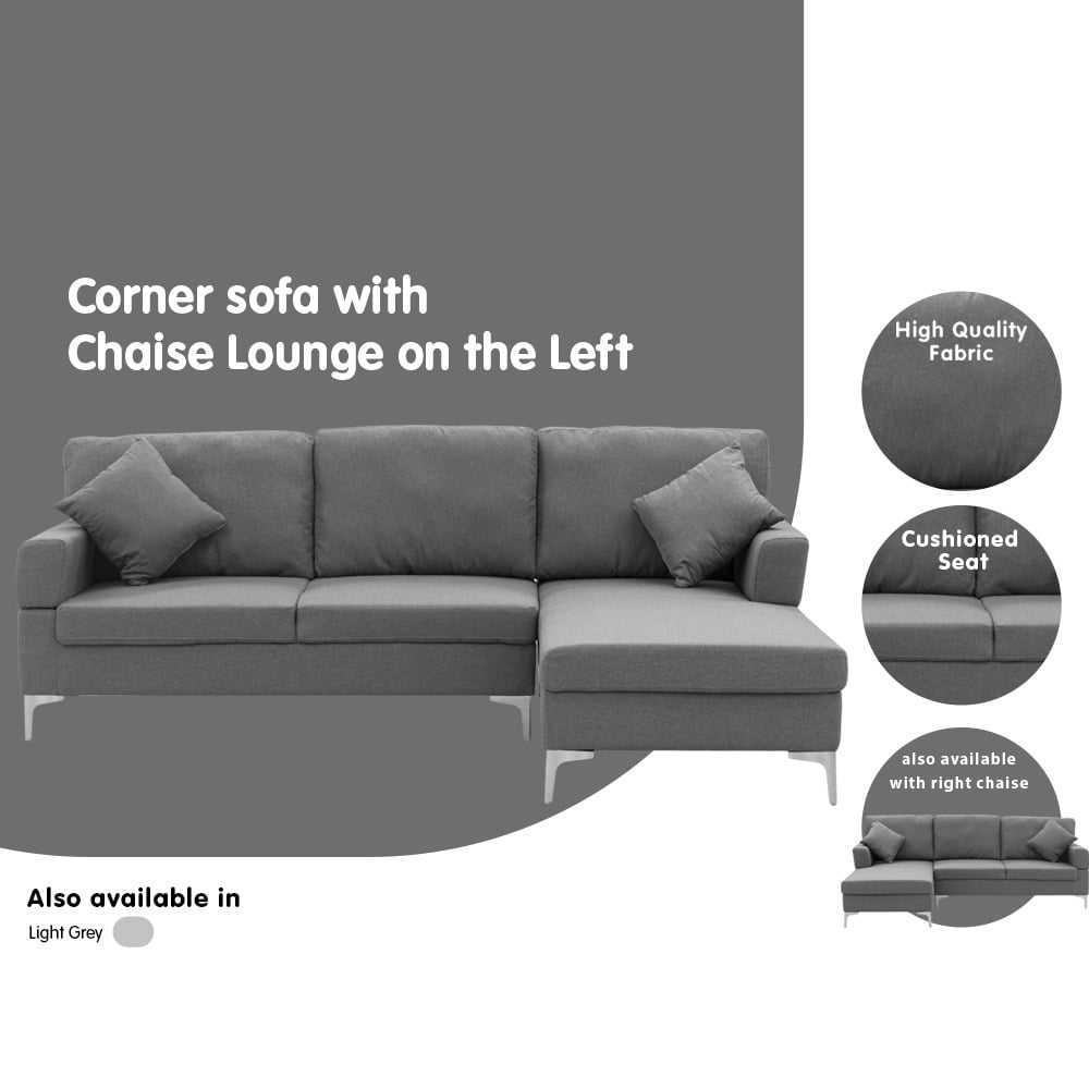Dark grey Sarantino 3 seater linen L-shaped sofa with left side chaise lounge, chrome legs, and high-density foam cushions.