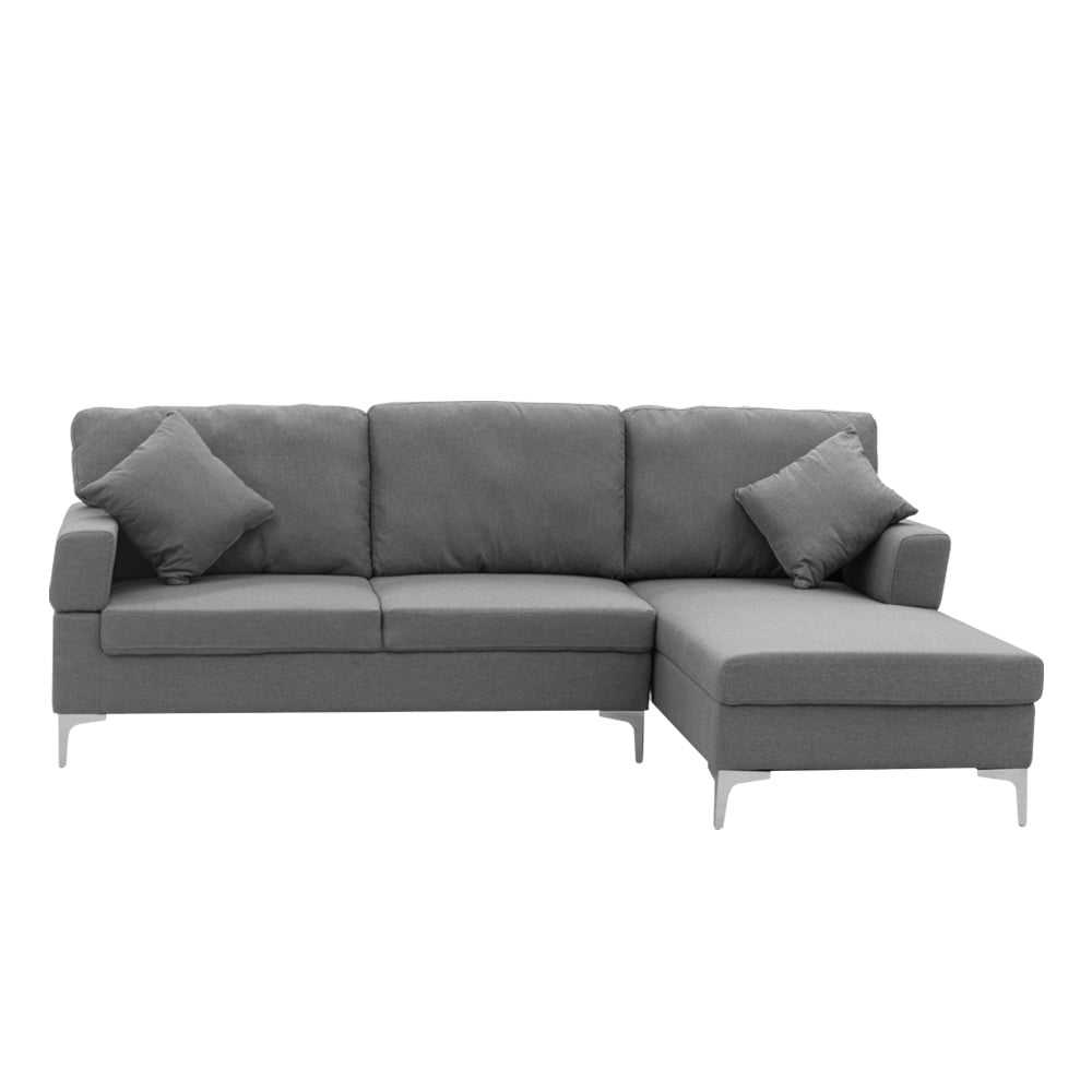 Sarantino 3 Seater Linen Sofa with Left Chaise, Dark Grey, Chrome Legs