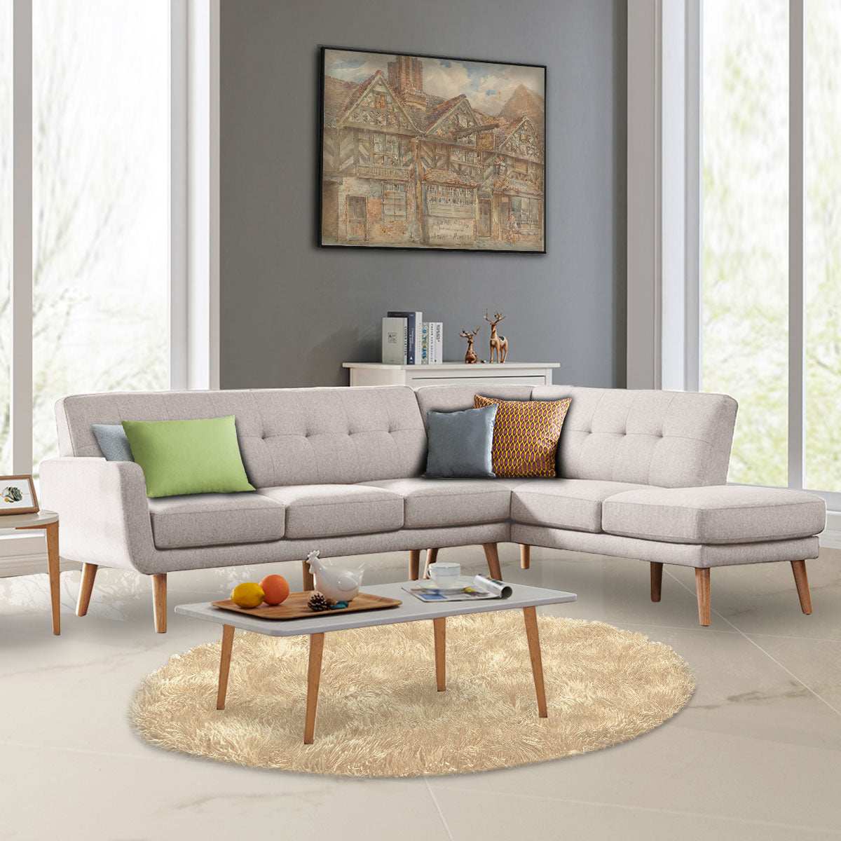Sarantino Faux Linen Corner Sofa Lounge L-shaped Chaise Light Grey with wooden legs in modern living room.