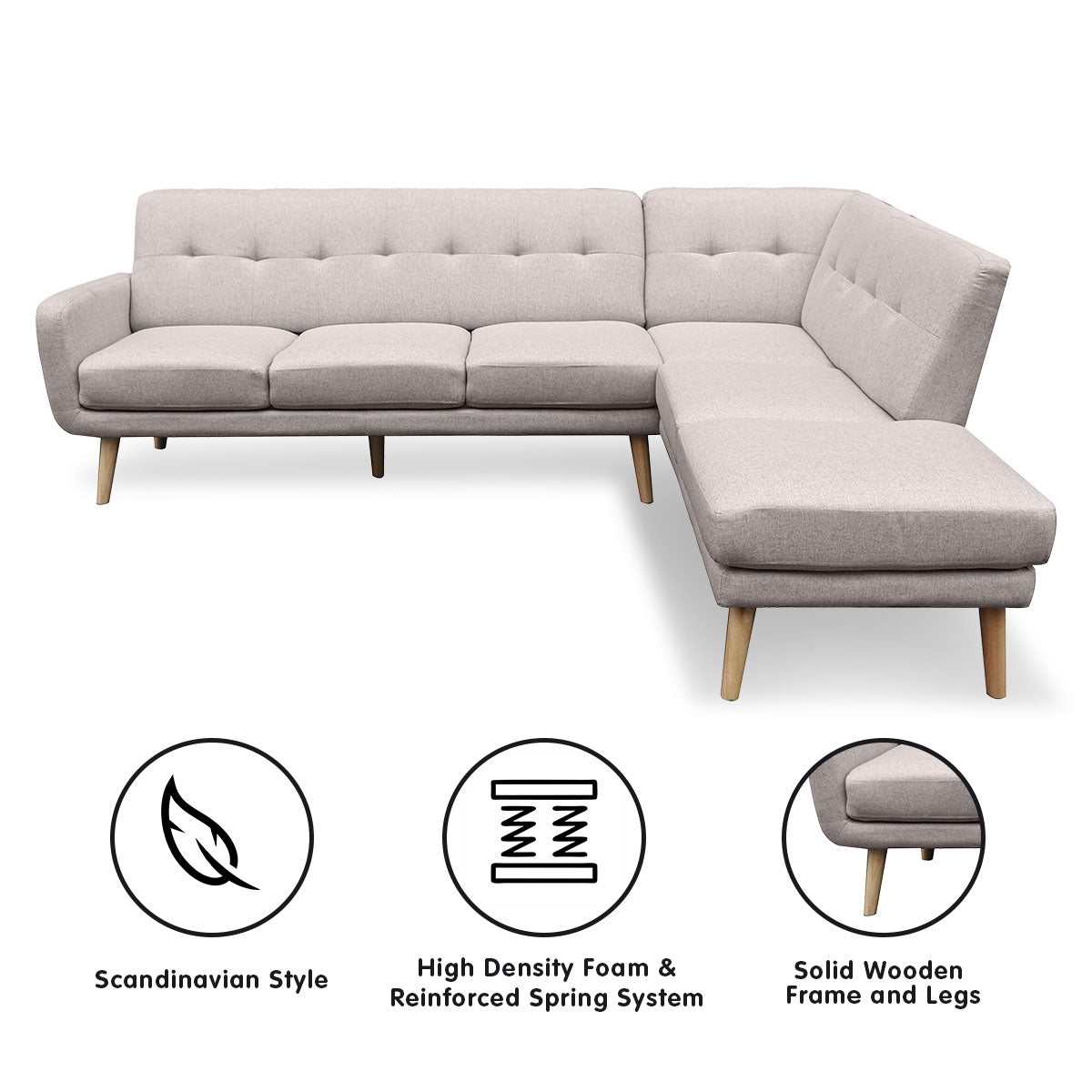 Sarantino Faux Linen Corner Sofa Lounge with Chaise, Light Grey, Wooden Legs, L-Shaped.