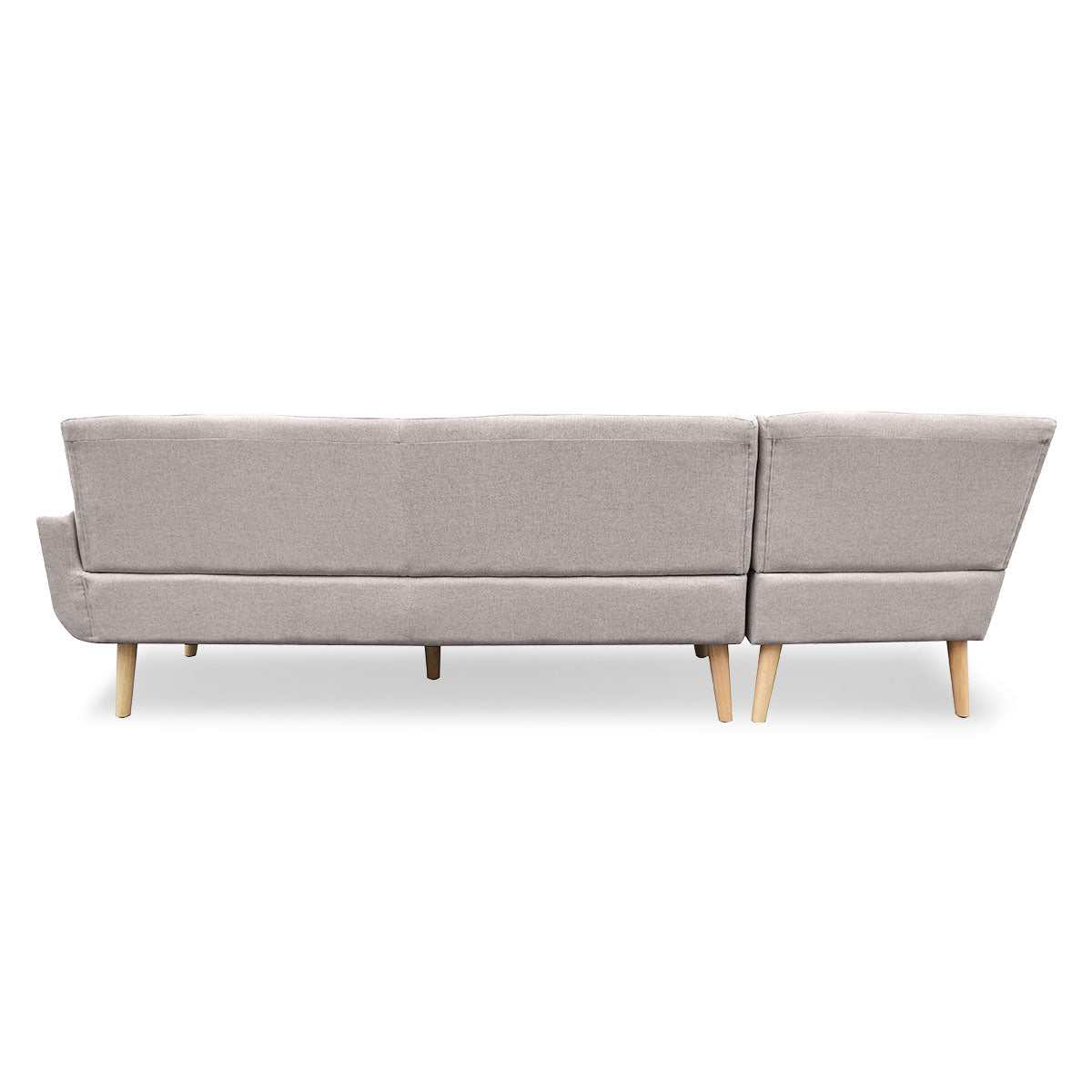 Sarantino light grey faux linen corner sofa with chaise and wooden legs, back view.