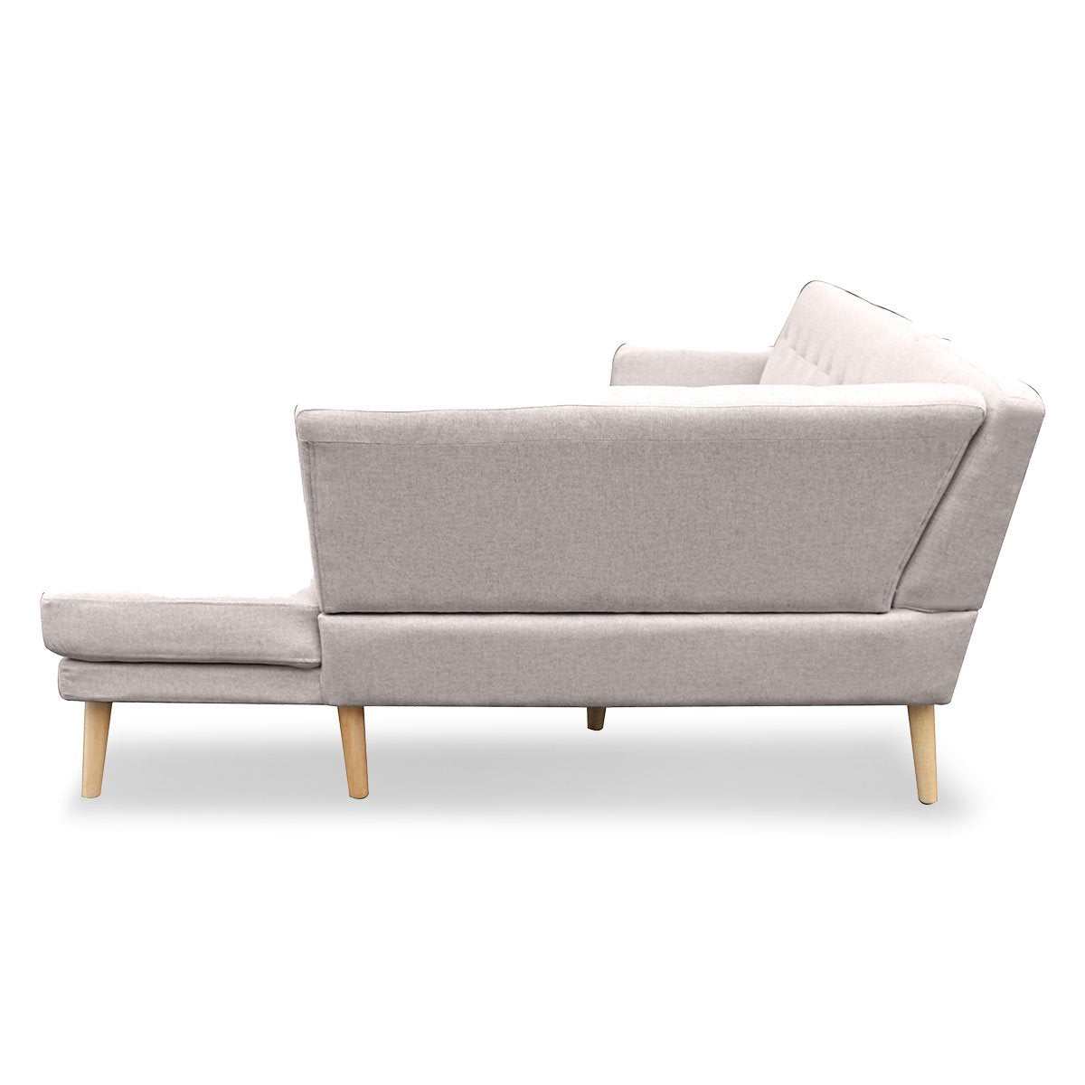 Sarantino Faux Linen Corner Sofa Lounge with Chaise in Light Grey featuring wooden legs.