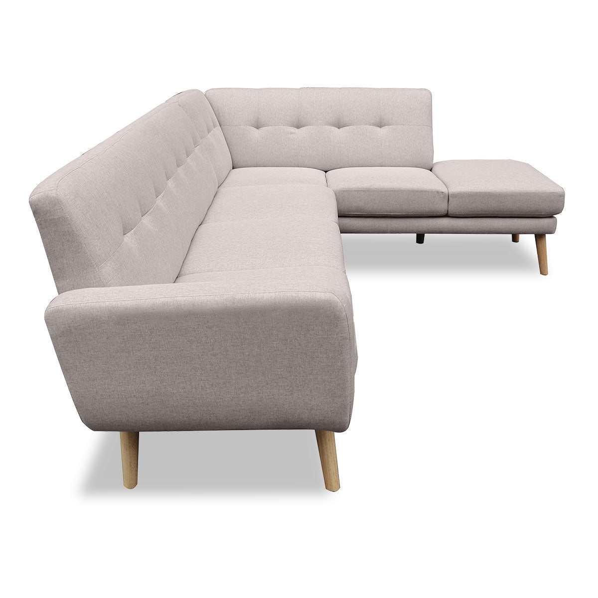 Sarantino Faux Linen Corner Sofa with Chaise in Light Grey, Tufted Design, Wooden Legs