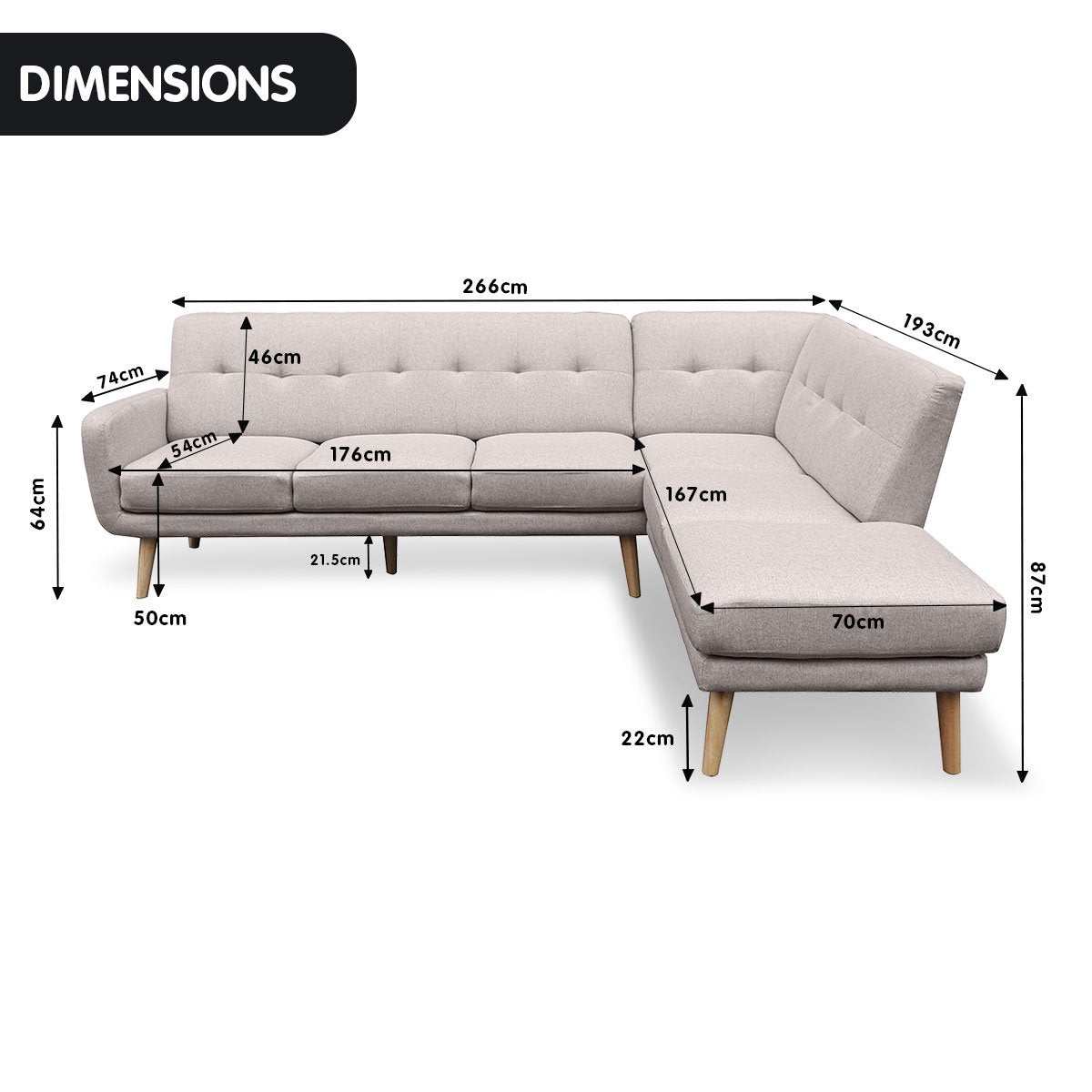 Sarantino Faux Linen Corner Sofa L-shaped Chaise Light Grey with Dimensions Marked