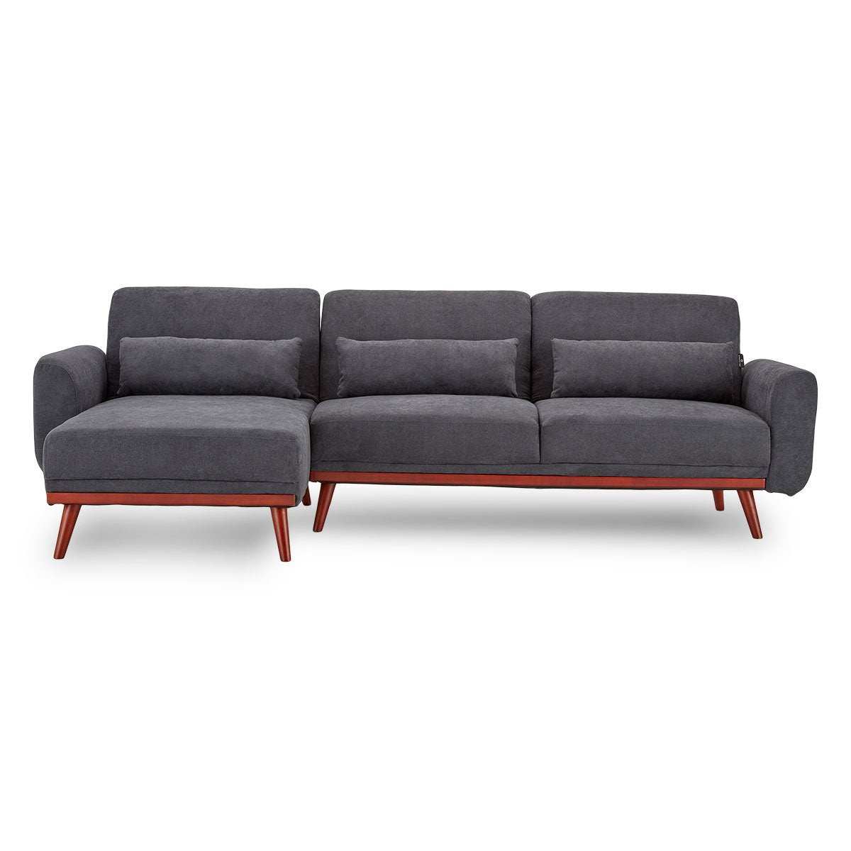 Sarantino dark grey faux velvet sofa bed with chaise and wooden legs.