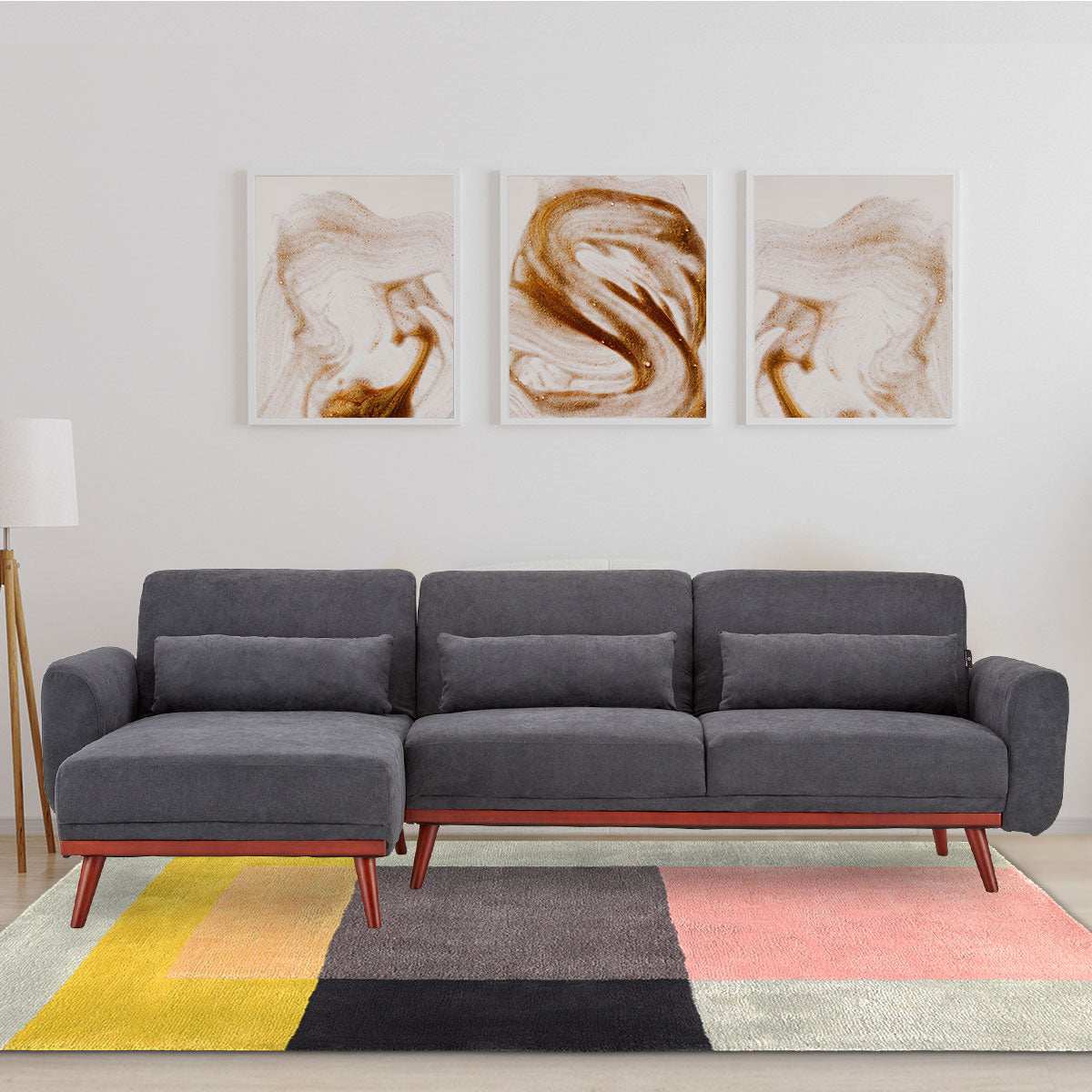 Sarantino Faux Velvet Sofa Bed Couch Lounge Chaise in Dark Grey with Cushions and Wooden Legs.