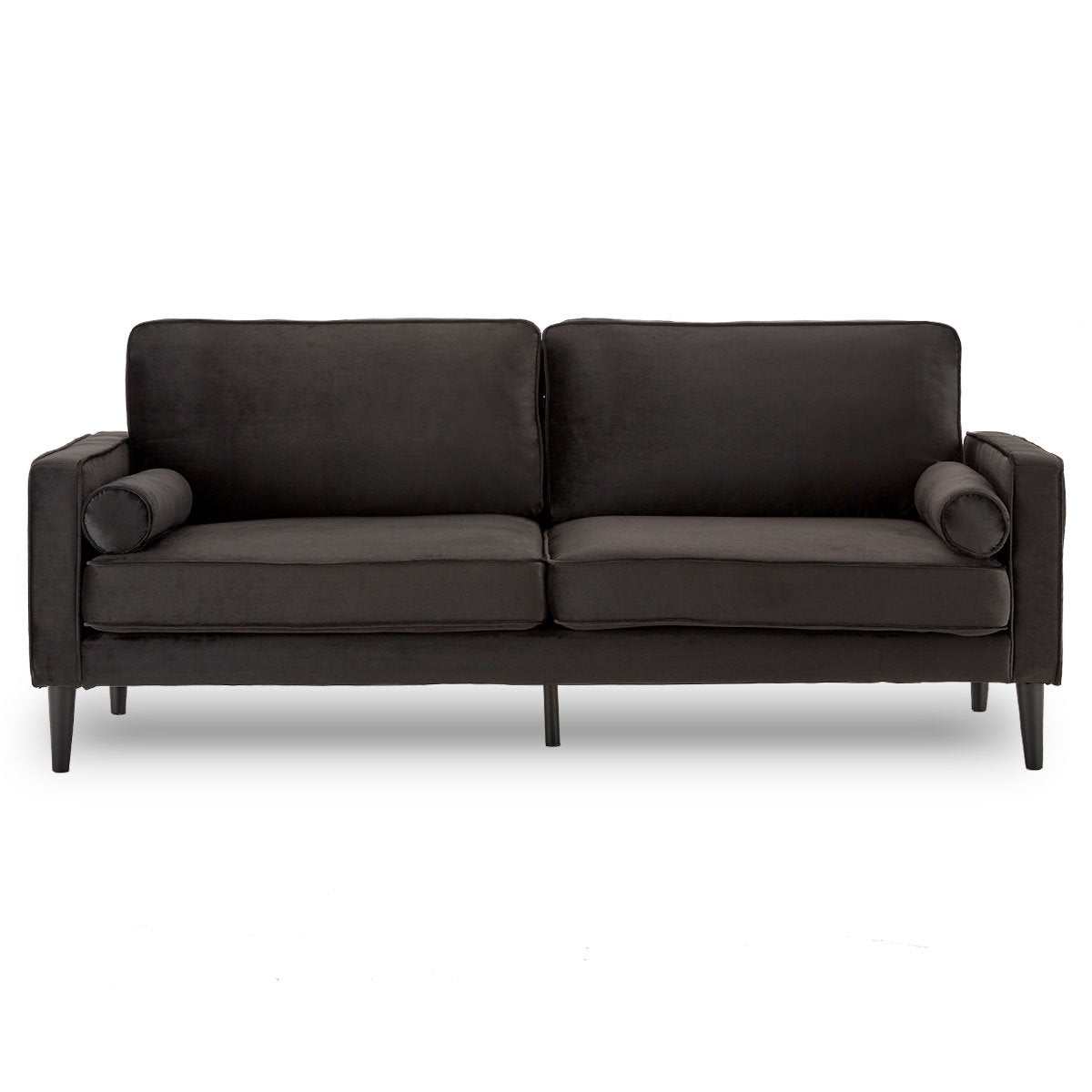 Sarantino Faux Velvet Sofa Bed in black with wooden legs, modern and retro style, easily converts to bed.