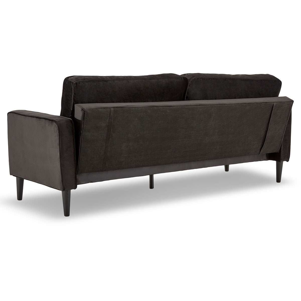 Sarantino faux velvet sofa bed in black with wooden legs, convertible design.