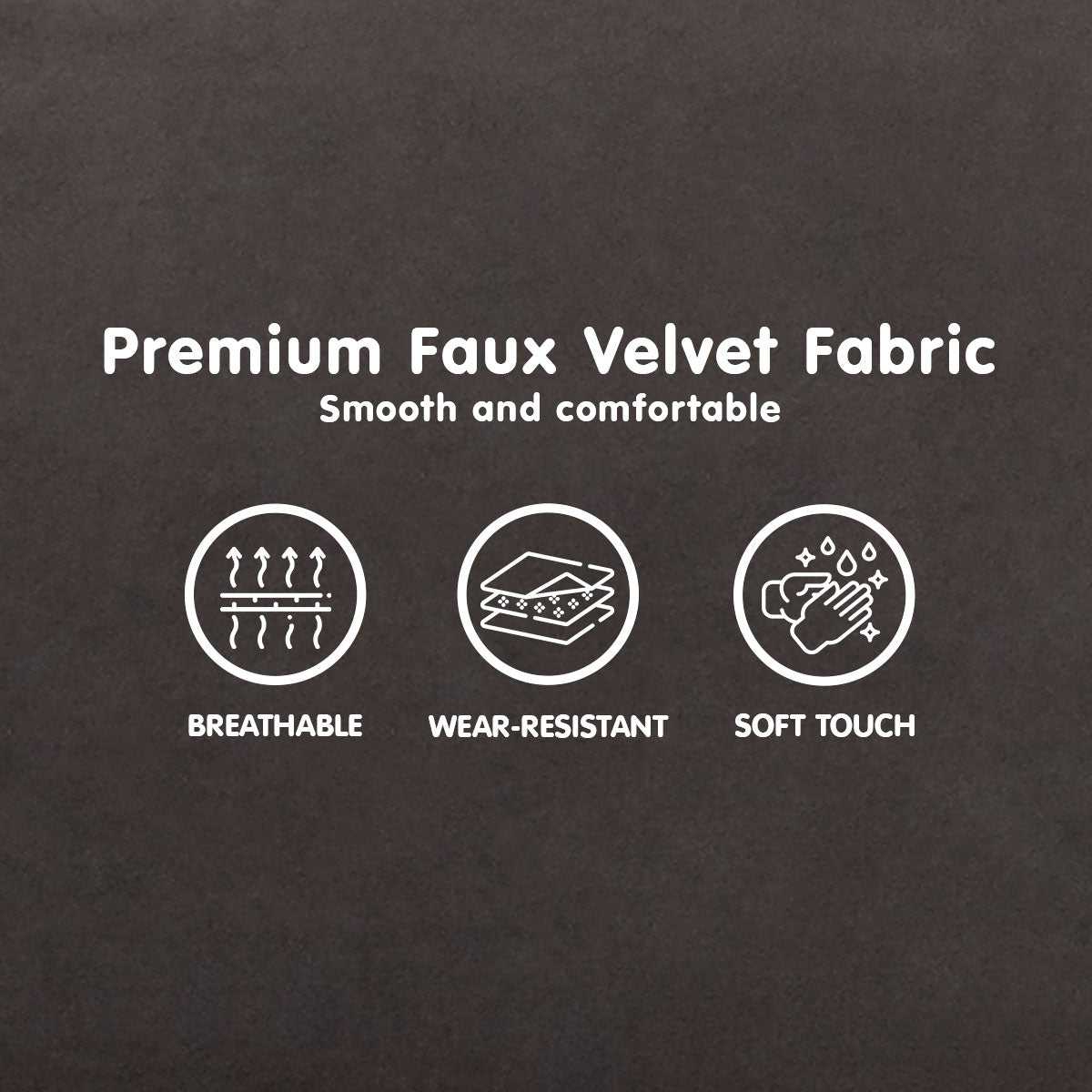 Premium faux velvet fabric icons highlighting breathable, wear-resistant, and soft touch features.