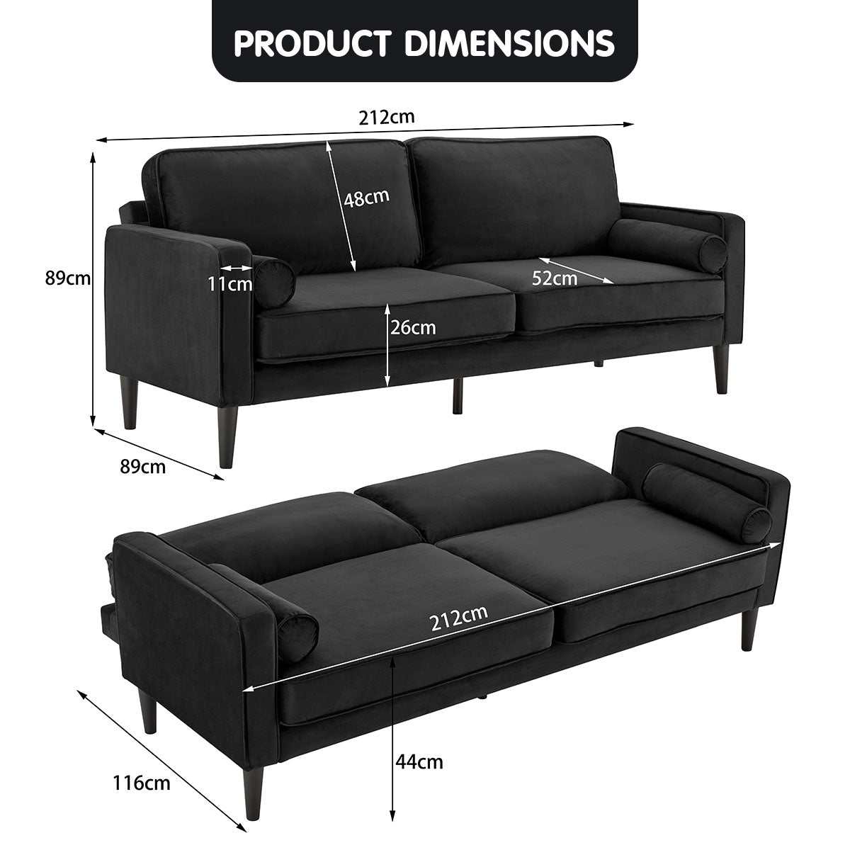 Sarantino black faux velvet sofa bed with wooden legs; modern, retro design for stylish living room decor.