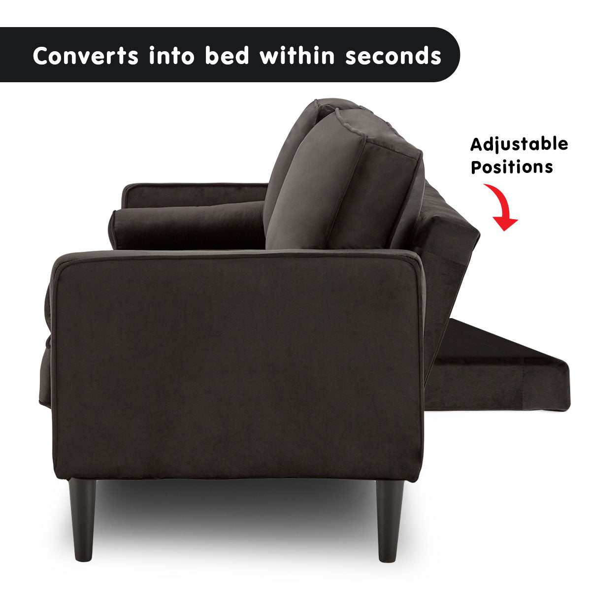 Sarantino Faux Velvet Sofa Bed in black, features adjustable positions and converts into a bed.