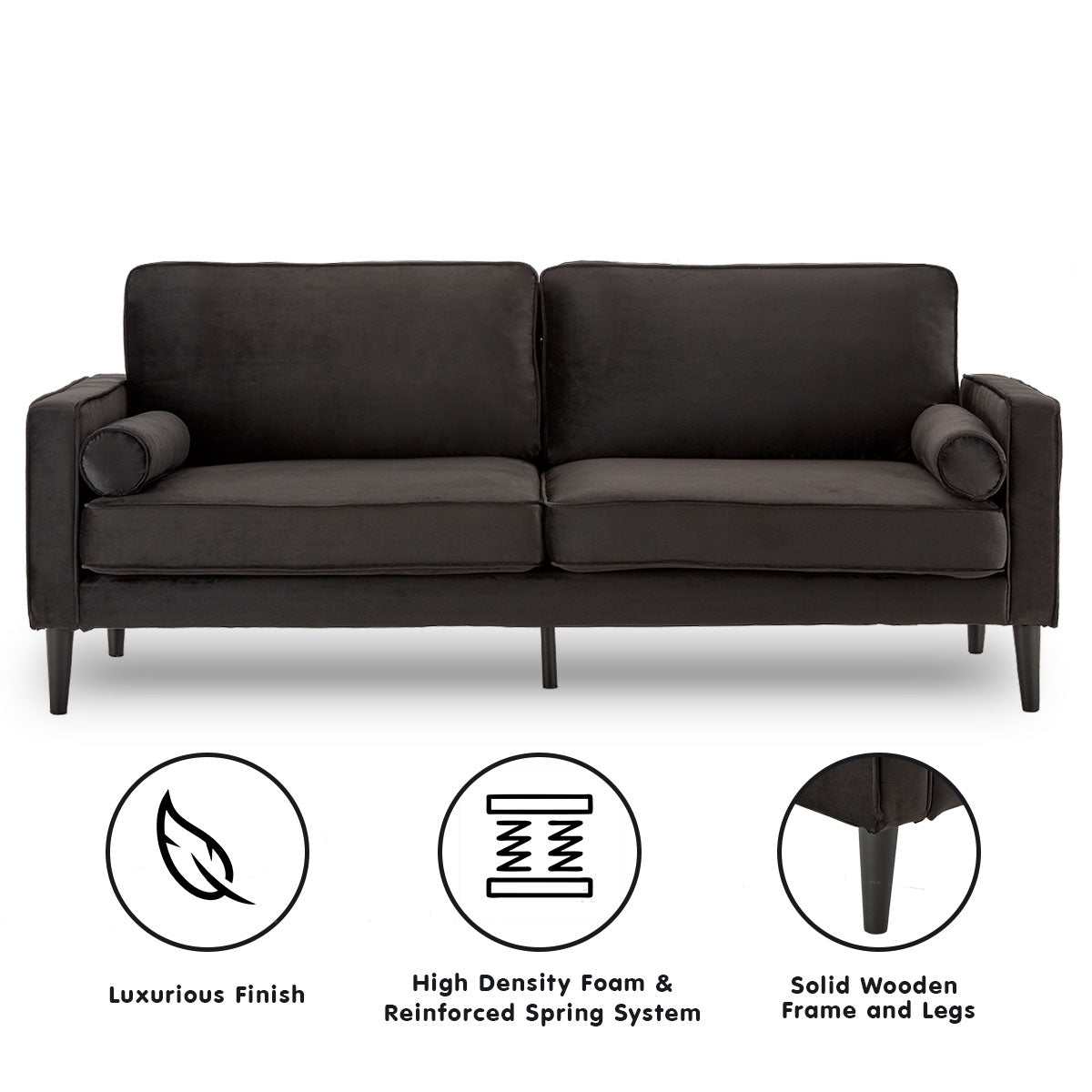 Sarantino Faux Velvet Sofa Bed in Black with Wooden Legs and Cushions