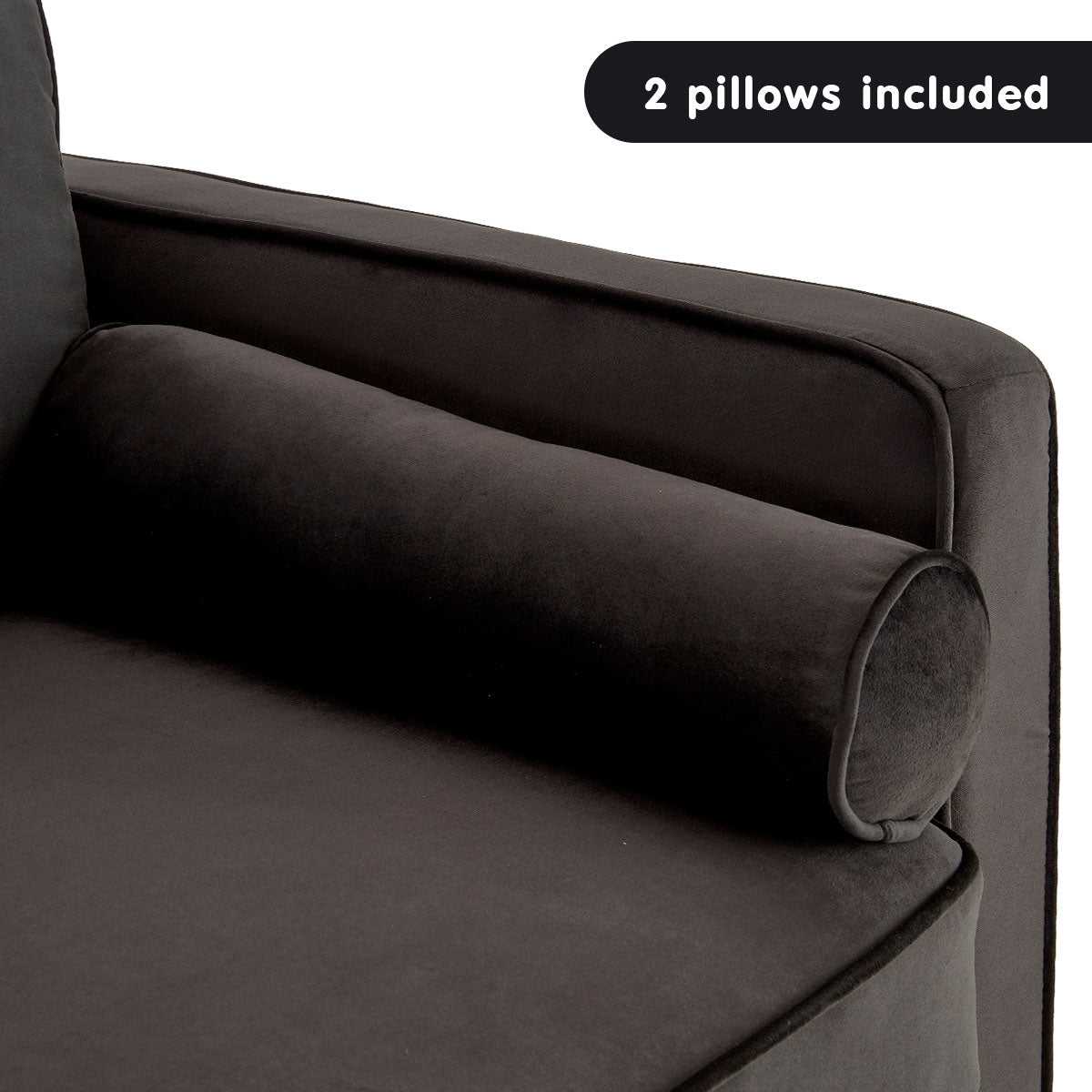 Sarantino faux velvet sofa bed couch in black with wooden legs and two bolsters included.