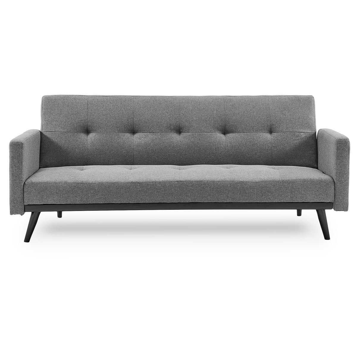 Sarantino tufted faux linen 3-seater sofa bed in light grey with armrests and wooden legs.