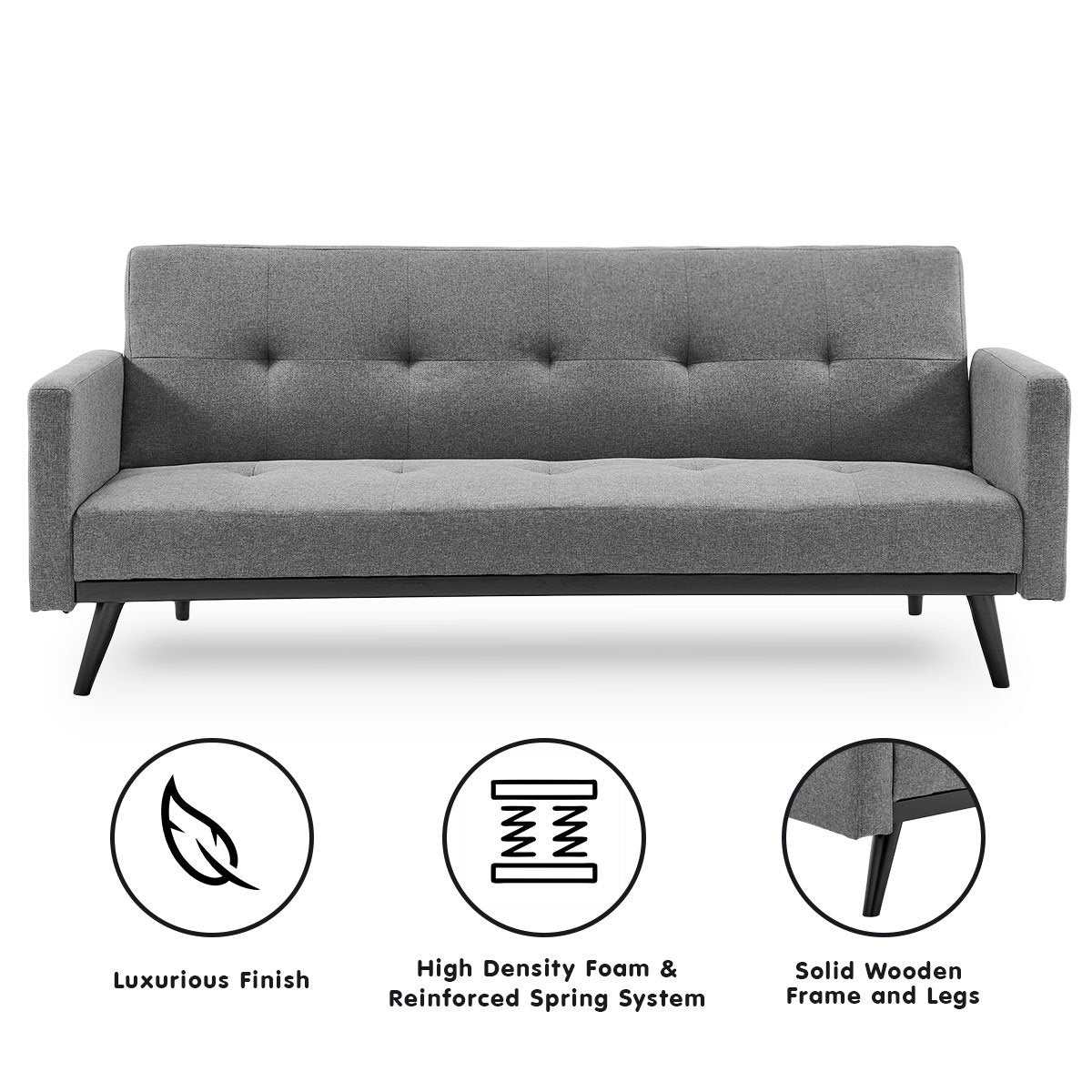 Sarantino light grey tufted faux linen 3-seater sofa bed with armrests, wooden legs, and adjustable backrest.