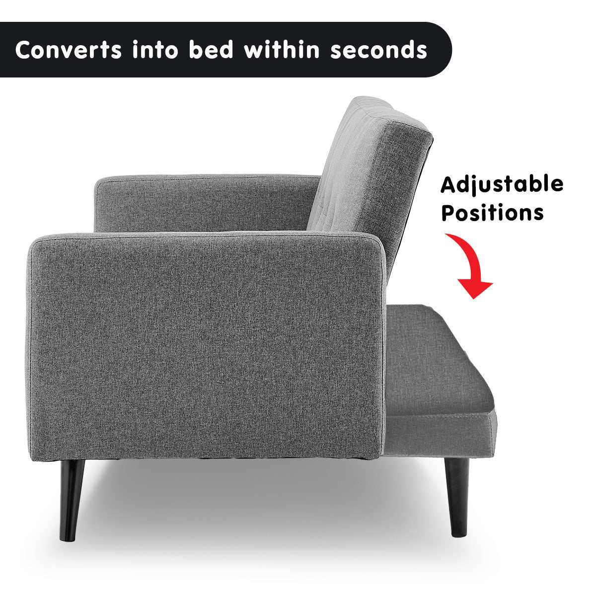 Sarantino Tufted Faux Linen 3-Seater Sofa Bed in light grey with adjustable armrests; converts into a bed; features wooden legs and high-density foam cushioning.