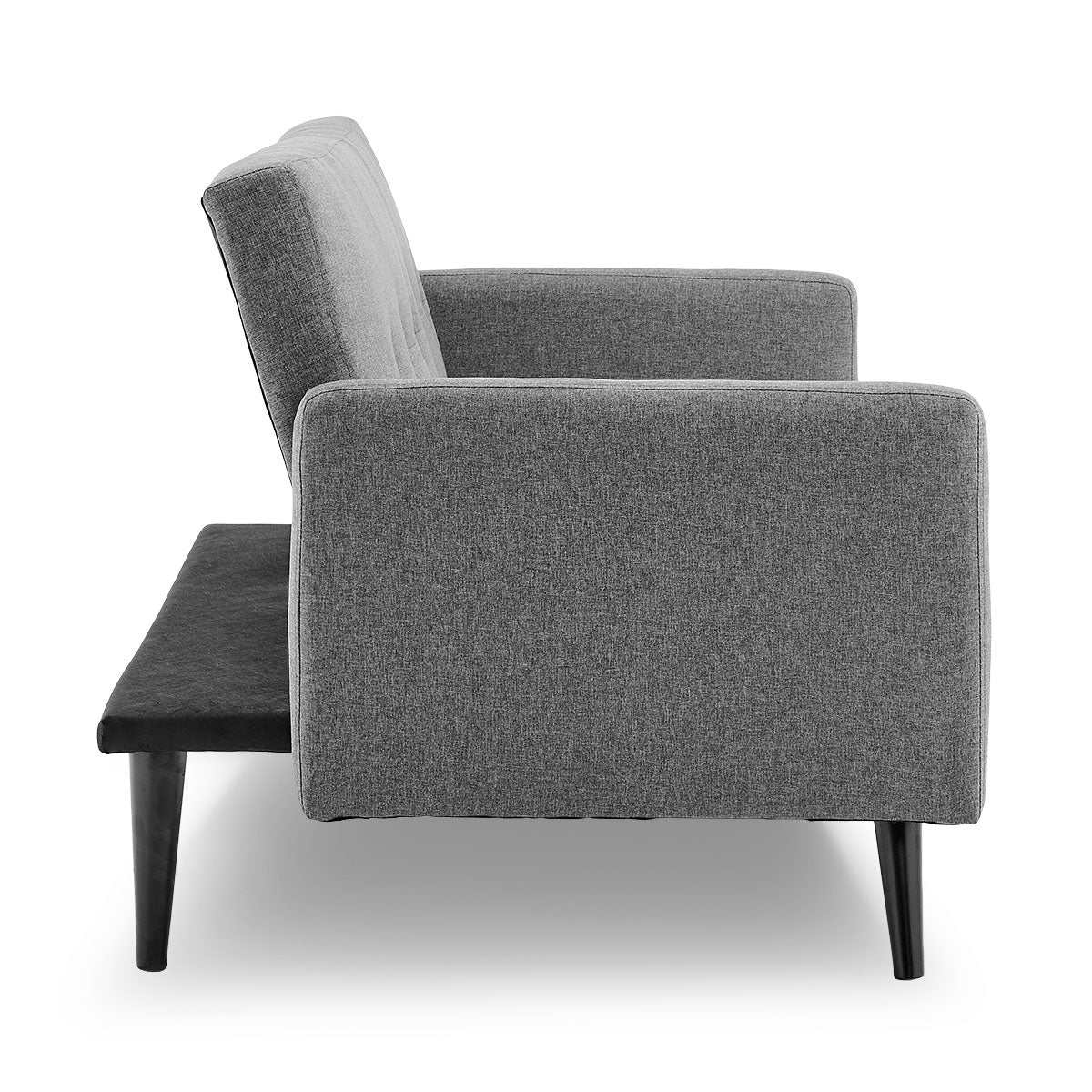Light grey Sarantino tufted faux linen 3-seater sofa bed with armrests, wooden legs, and adjustable backrest.