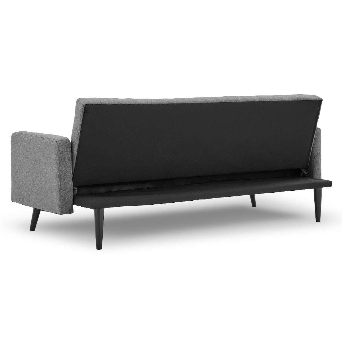 Sarantino tufted faux linen 3-seater sofa bed with armrests in light grey, showcasing convertible design and wooden legs.